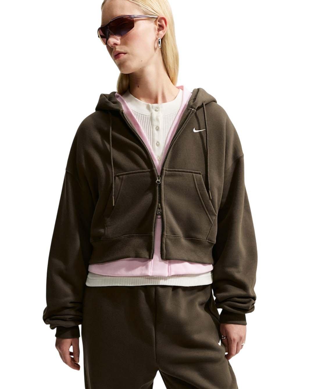 Nike Women's Studio Fleece Medium Weight Oversized Full-Zip Cropped Hooded Jacket - Brown - BROWN