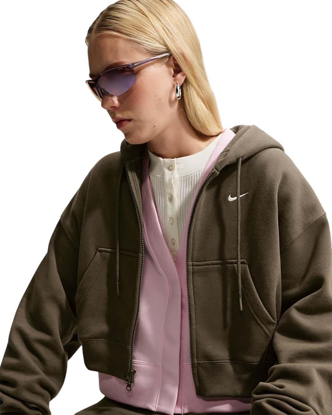 Nike Women's Studio Fleece Medium Weight Oversized Full-Zip Cropped Hooded Jacket - Brown - BROWN