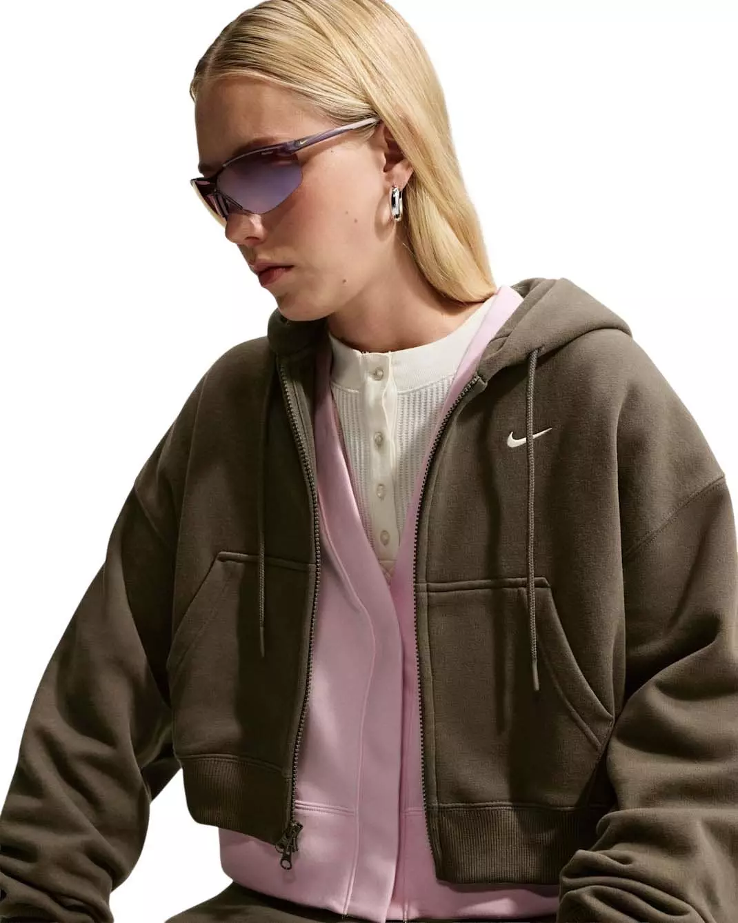 Nike Women's Studio Fleece Medium Weight Oversized Full-Zip Cropped Hooded Jacket - Brown - BROWN