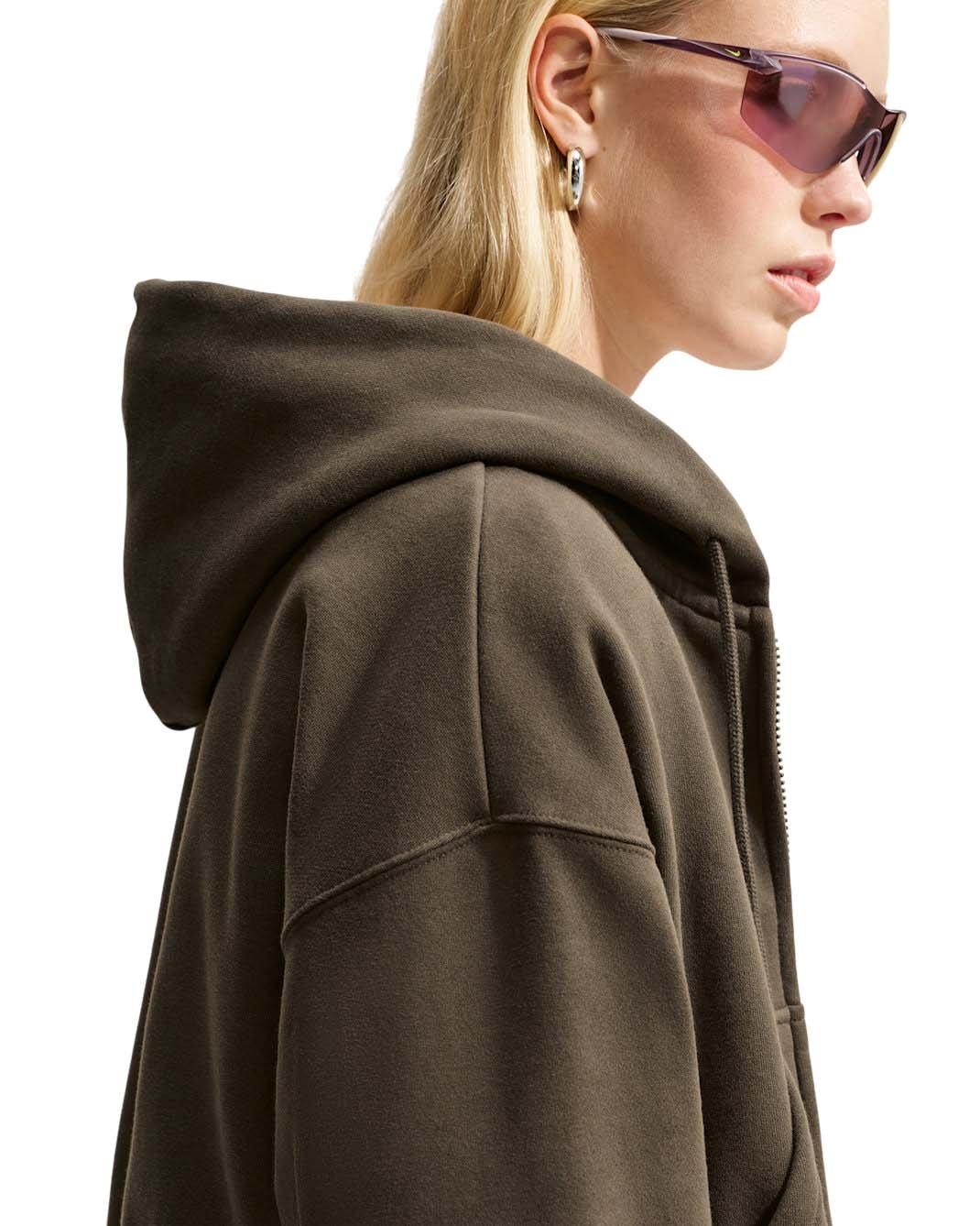 Nike Women's Studio Fleece Medium Weight Oversized Full-Zip Cropped Hooded Jacket - Brown - BROWN