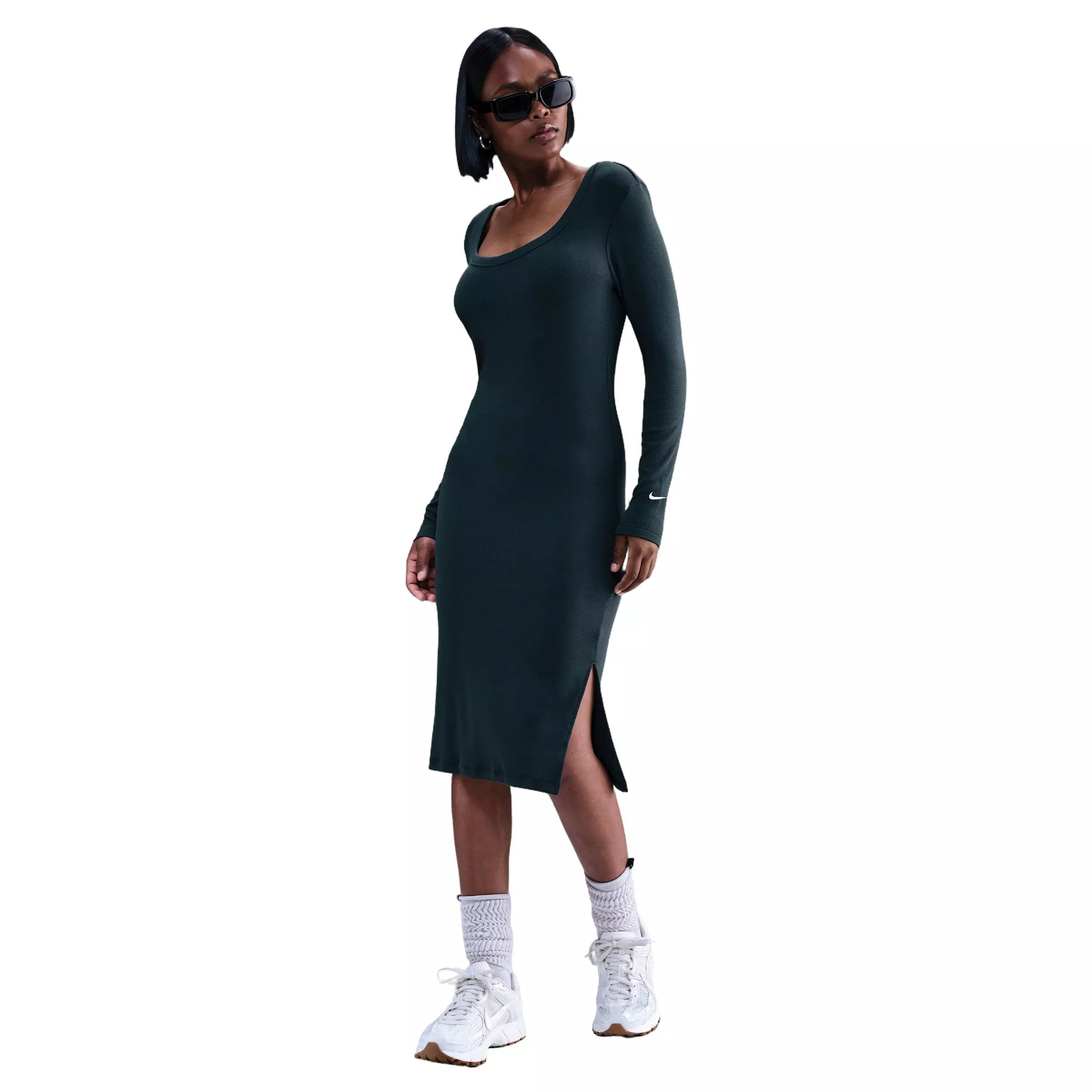 Nike Women's Sportswear Chill Knit Tight Long-Sleeve Midi Mini-Rib Dress - Seaweed Green - SEAWEED GREEN