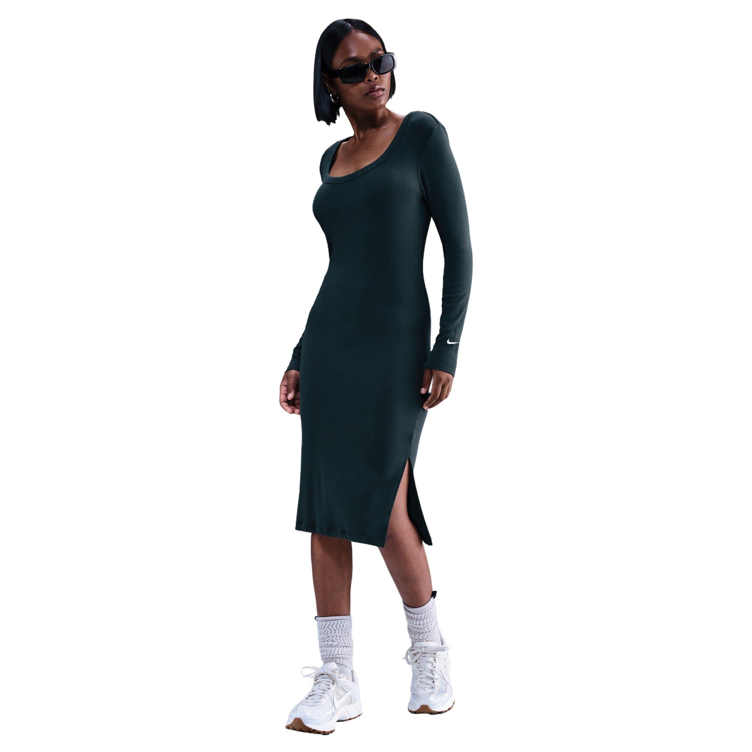 Nike Women's Sportswear Chill Knit Tight Long-Sleeve Midi Mini-Rib Dress -Seaweed Green - SEAWEED GREEN Thumbnail View 1
