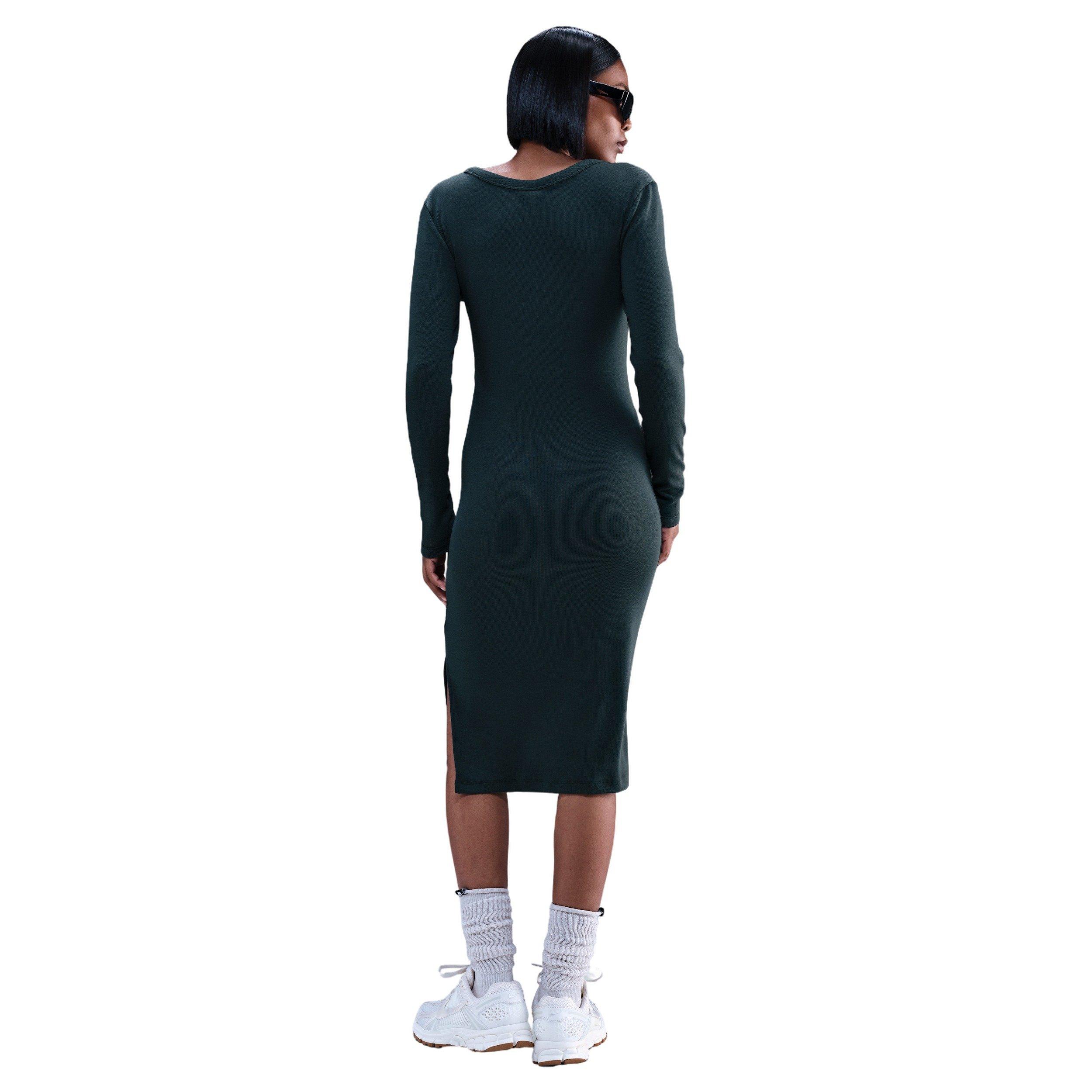 Nike Women's Sportswear Chill Knit Tight Long-Sleeve Midi Mini-Rib Dress - Seaweed Green - SEAWEED GREEN Thumbnail View 2