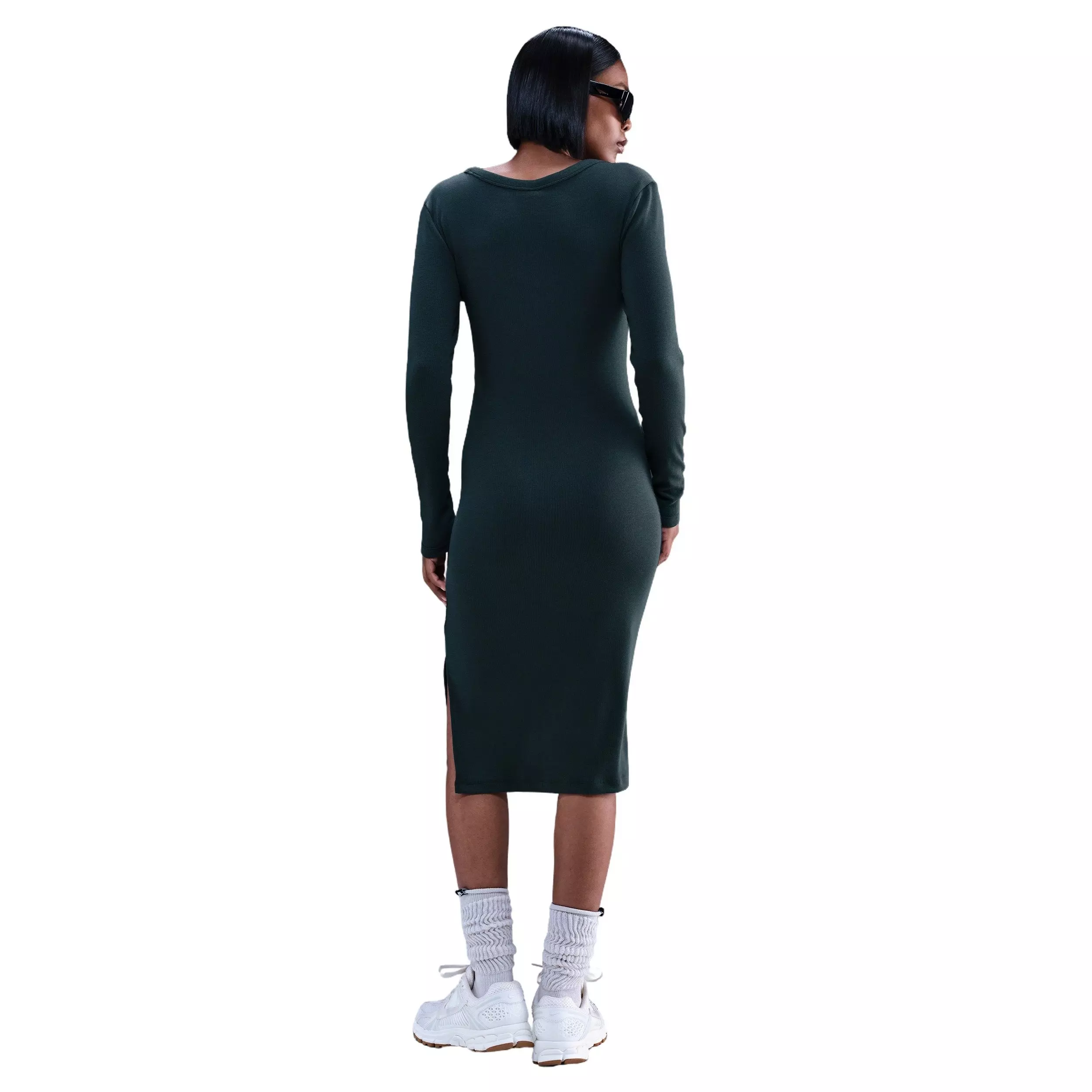 Nike Women's Sportswear Chill Knit Tight Long-Sleeve Midi Mini-Rib Dress -Seaweed Green - SEAWEED GREEN