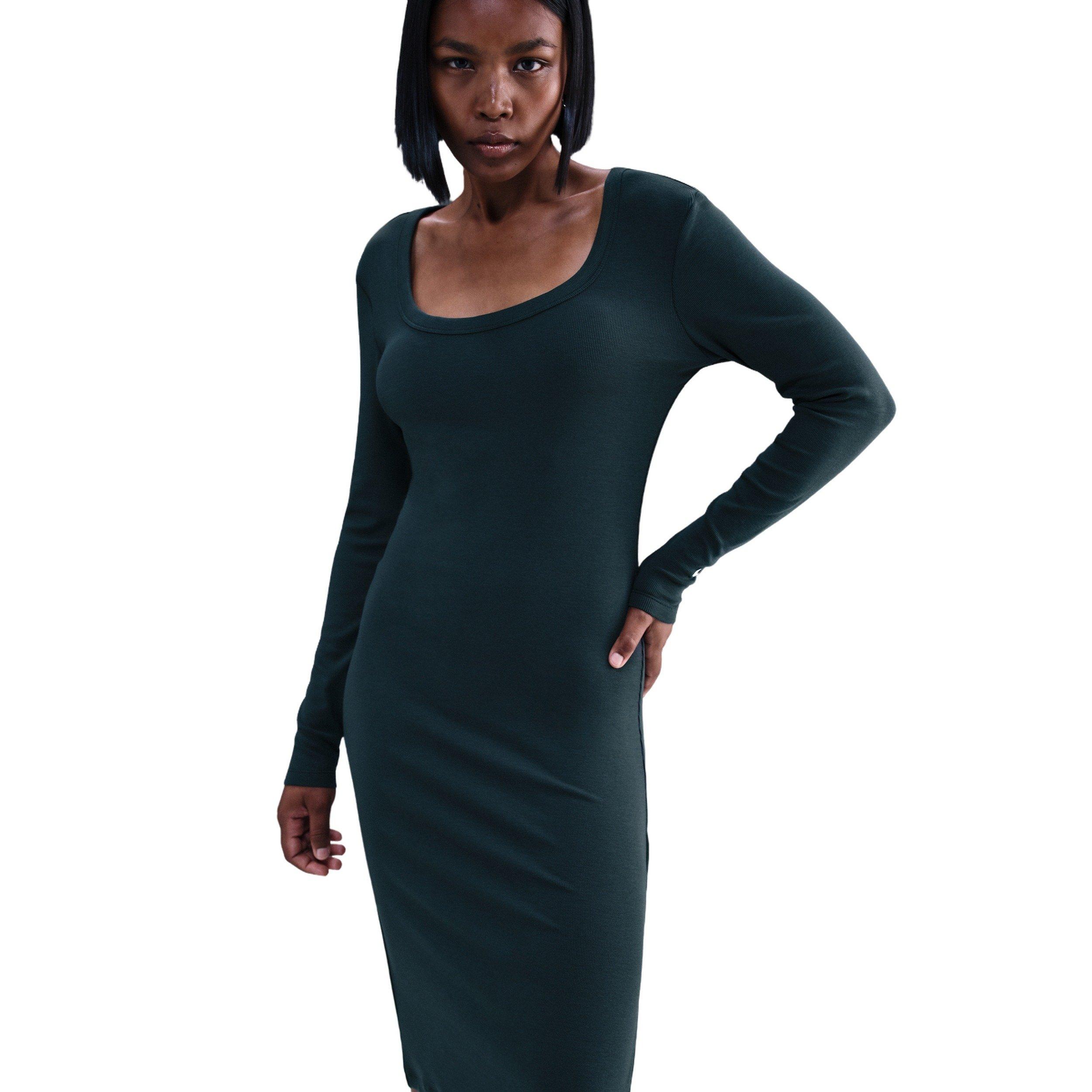 Nike Women's Sportswear Chill Knit Tight Long-Sleeve Midi Mini-Rib Dress -Seaweed Green - SEAWEED GREEN Thumbnail View 3