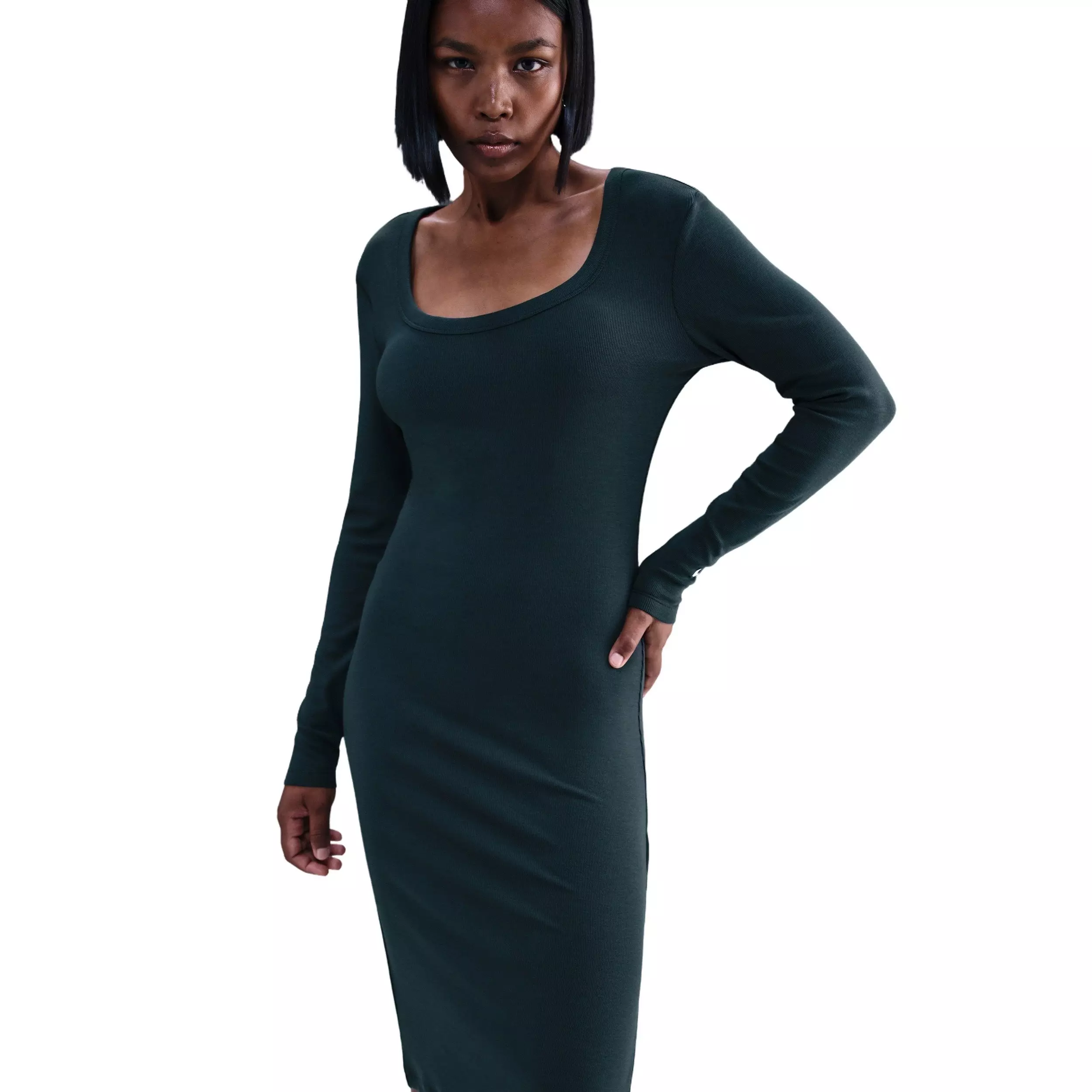 Nike Women's Sportswear Chill Knit Tight Long-Sleeve Midi Mini-Rib Dress -Seaweed Green - SEAWEED GREEN