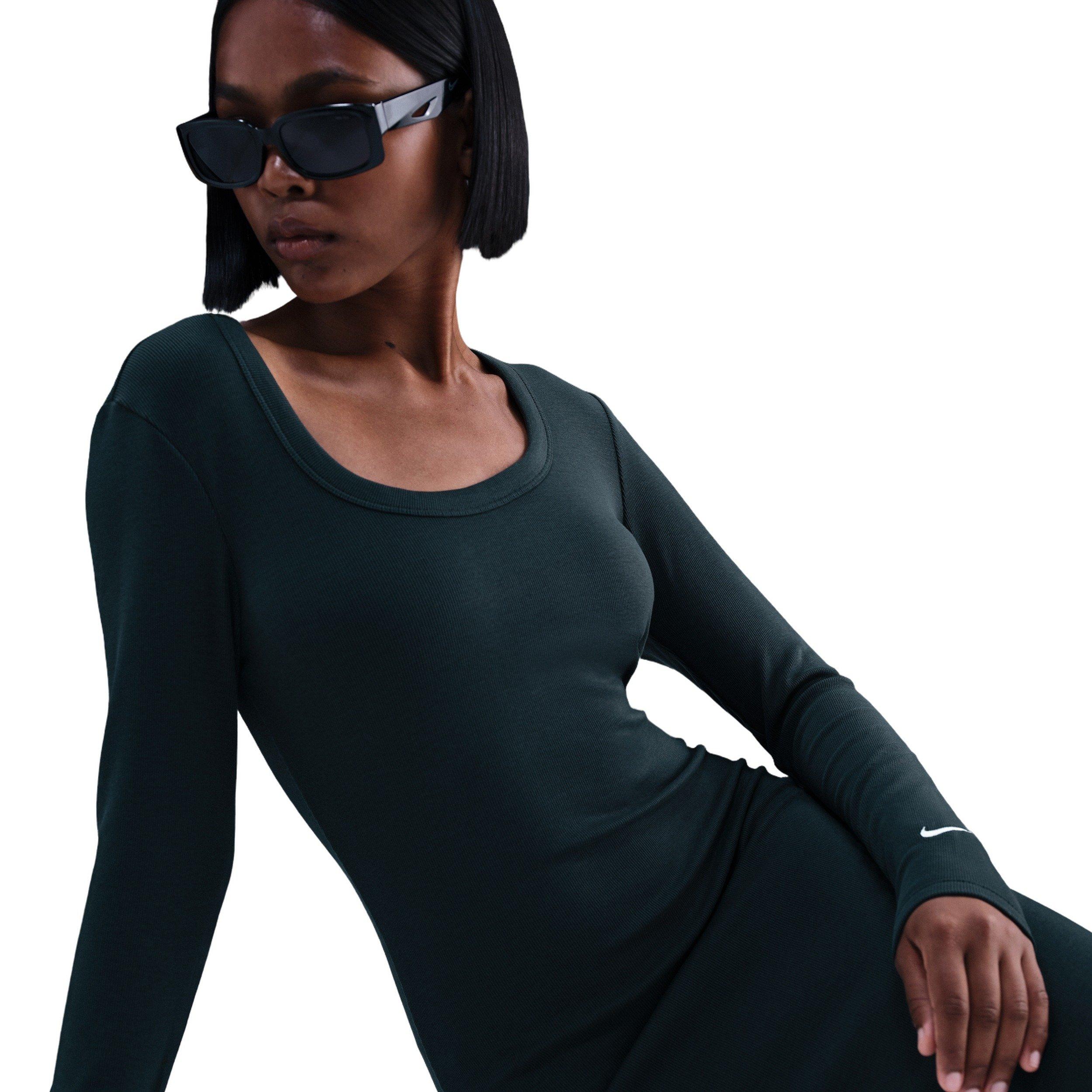Nike Women's Sportswear Chill Knit Tight Long-Sleeve Midi Mini-Rib Dress -Seaweed Green - SEAWEED GREEN Thumbnail View 5