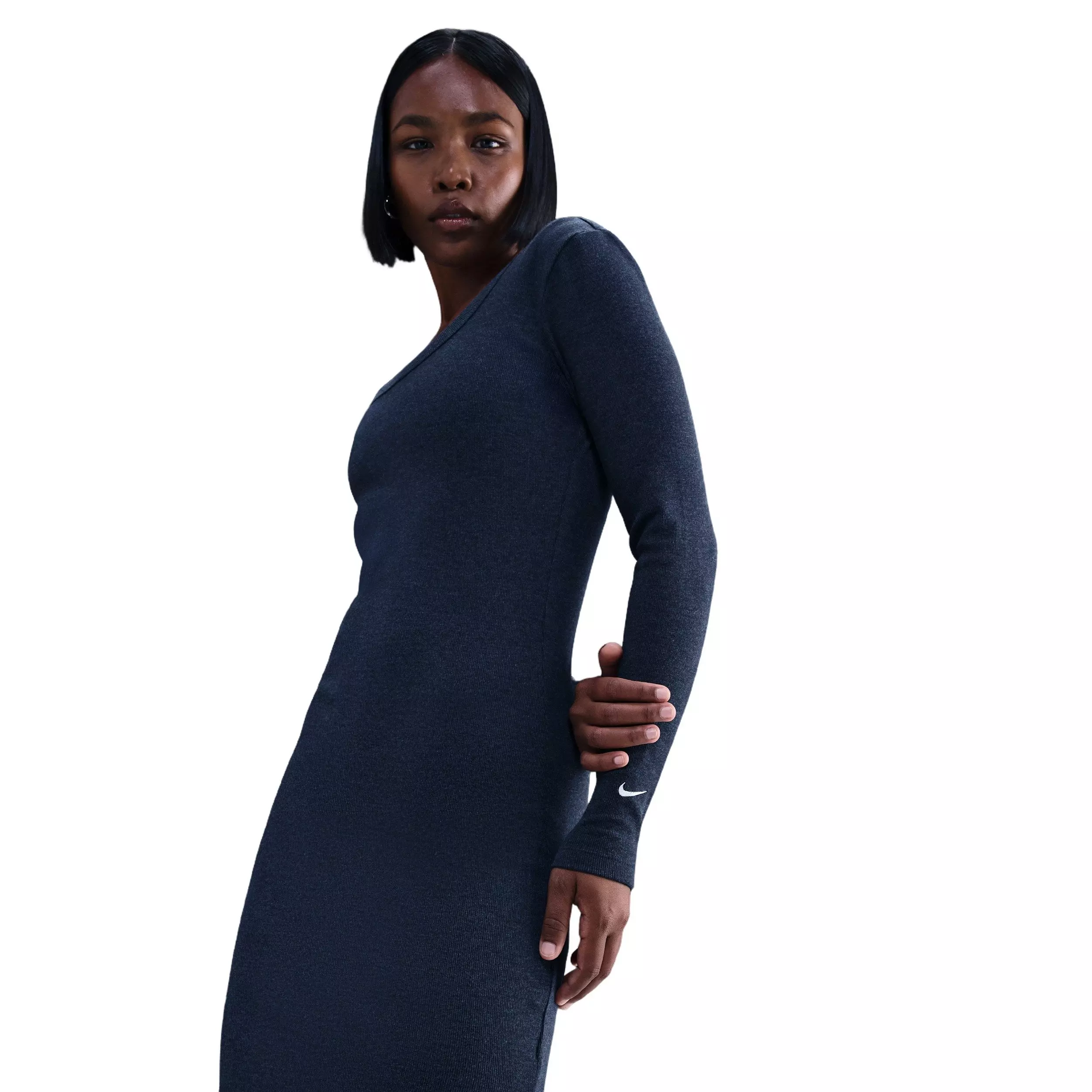 Nike Women's Sportswear Chill Knit Tight Long-Sleeve Midi Mini-Rib Dress -Navy - NAVY