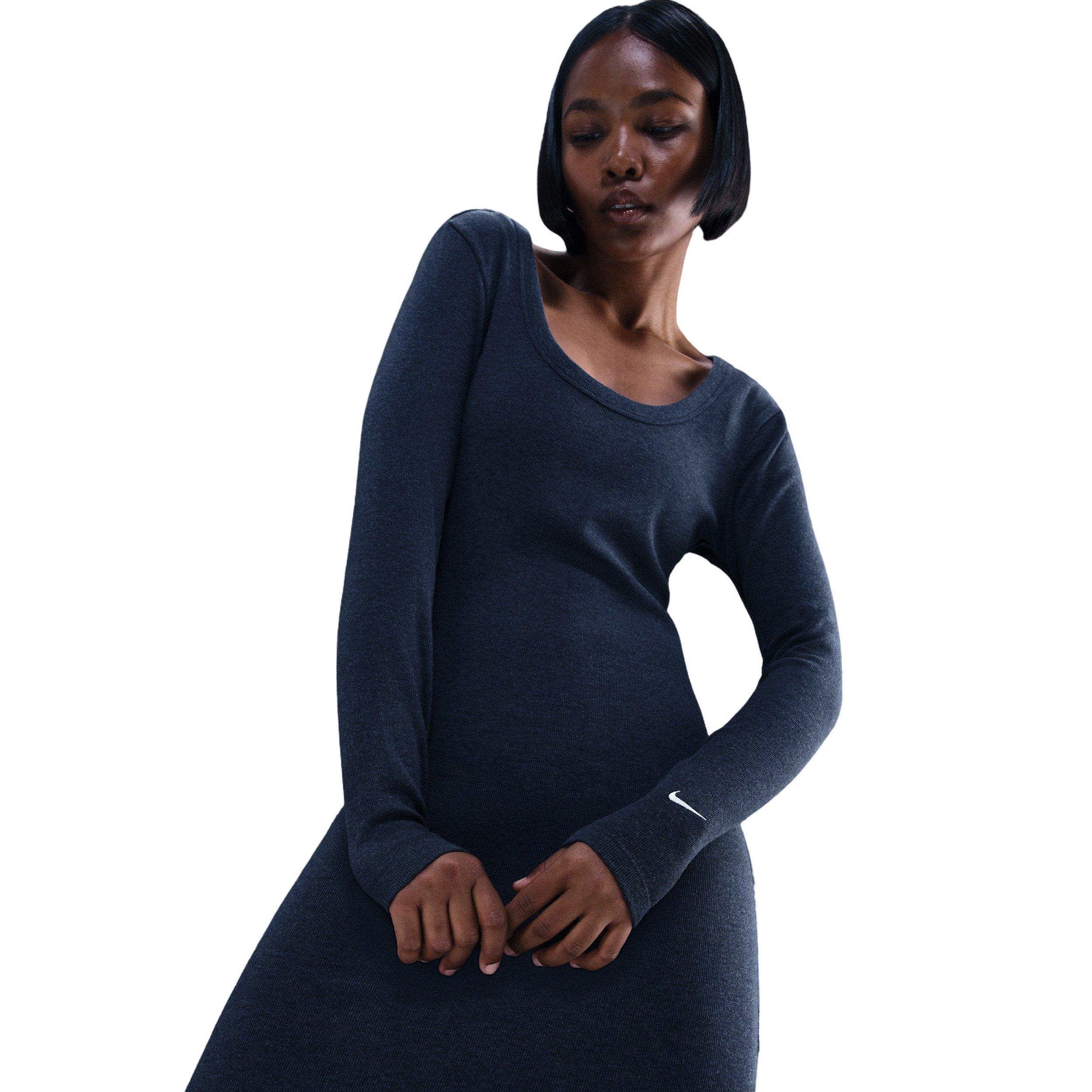 Nike Women's Sportswear Chill Knit Tight Long-Sleeve Midi Mini-Rib Dress -Navy - NAVY Thumbnail View 5