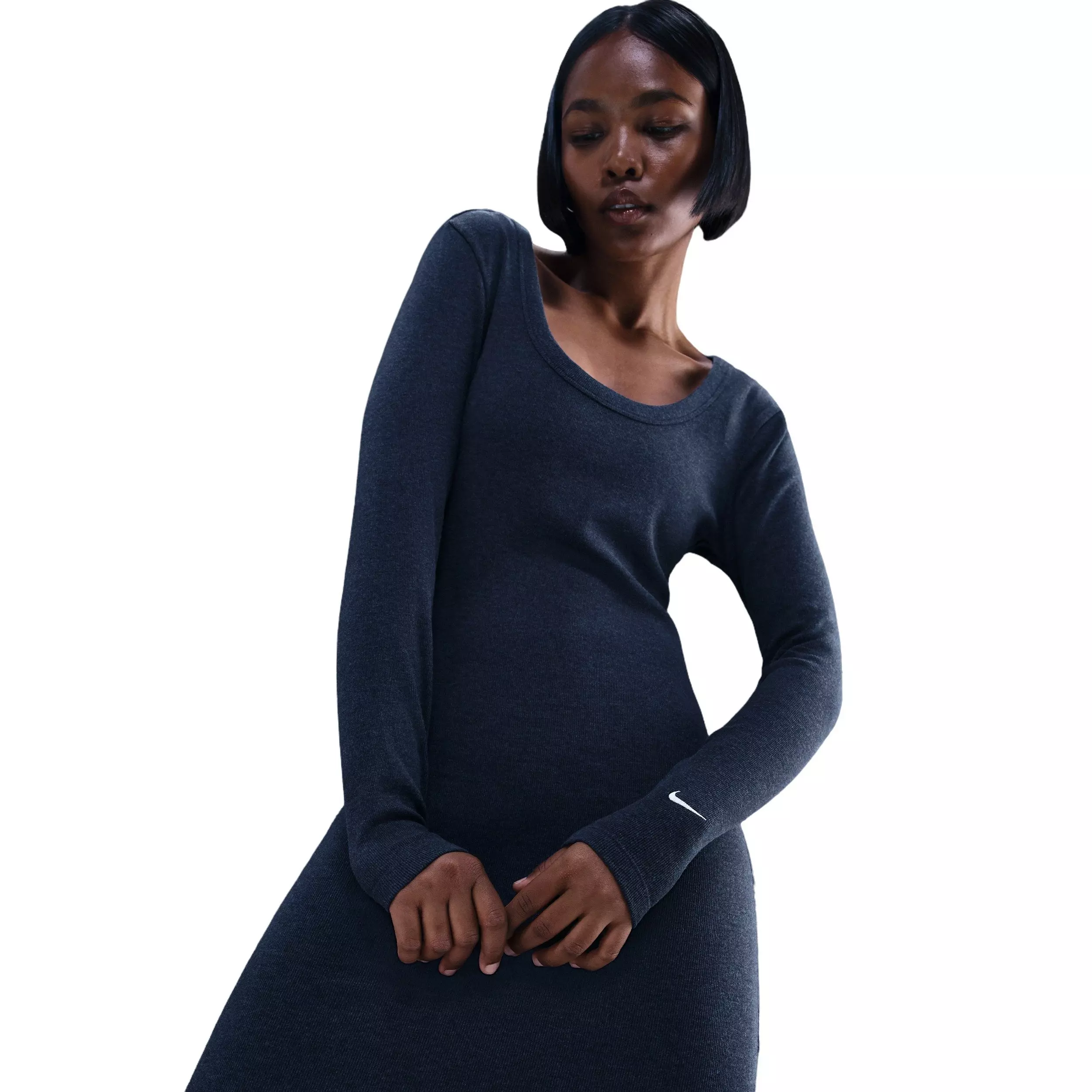 Nike Women's Sportswear Chill Knit Tight Long-Sleeve Midi Mini-Rib Dress -Navy - NAVY