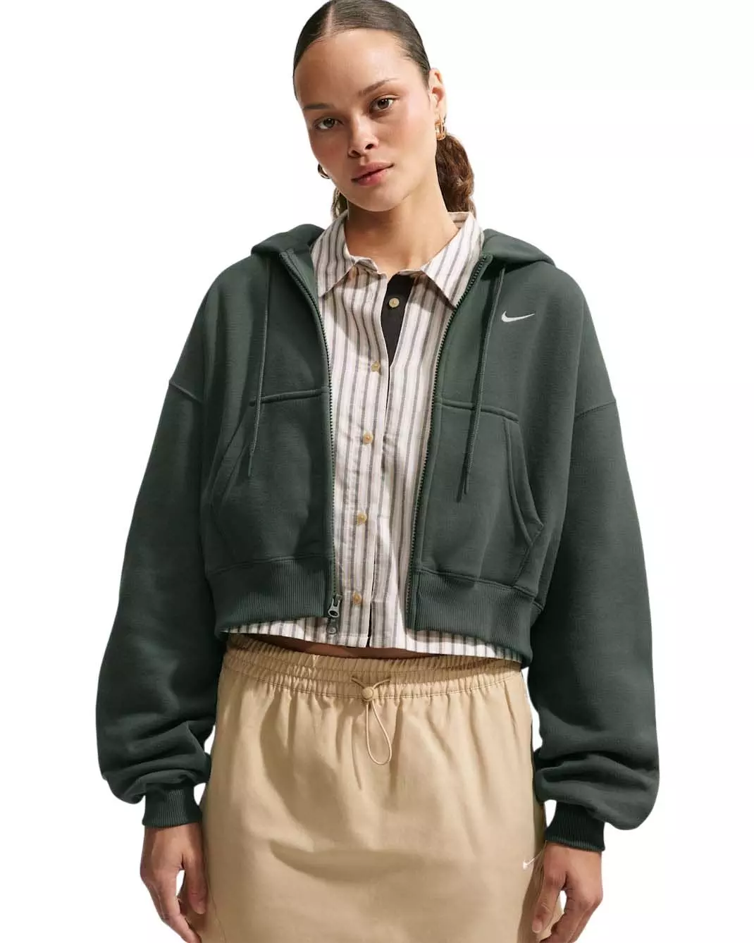 Nike Women's Studio Fleece Medium Weight Oversized Full-Zip Cropped Hooded Jacket - Green - GREEN