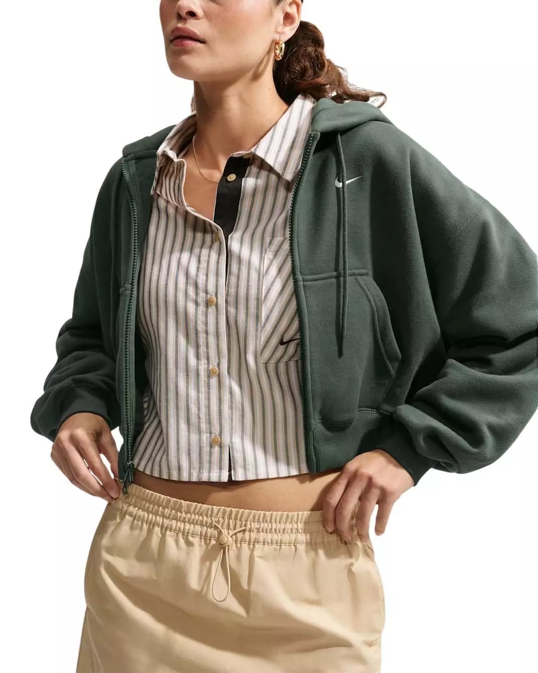Nike Women's Studio Fleece Medium Weight Oversized Full-Zip Cropped Hooded Jacket - Green - GREEN