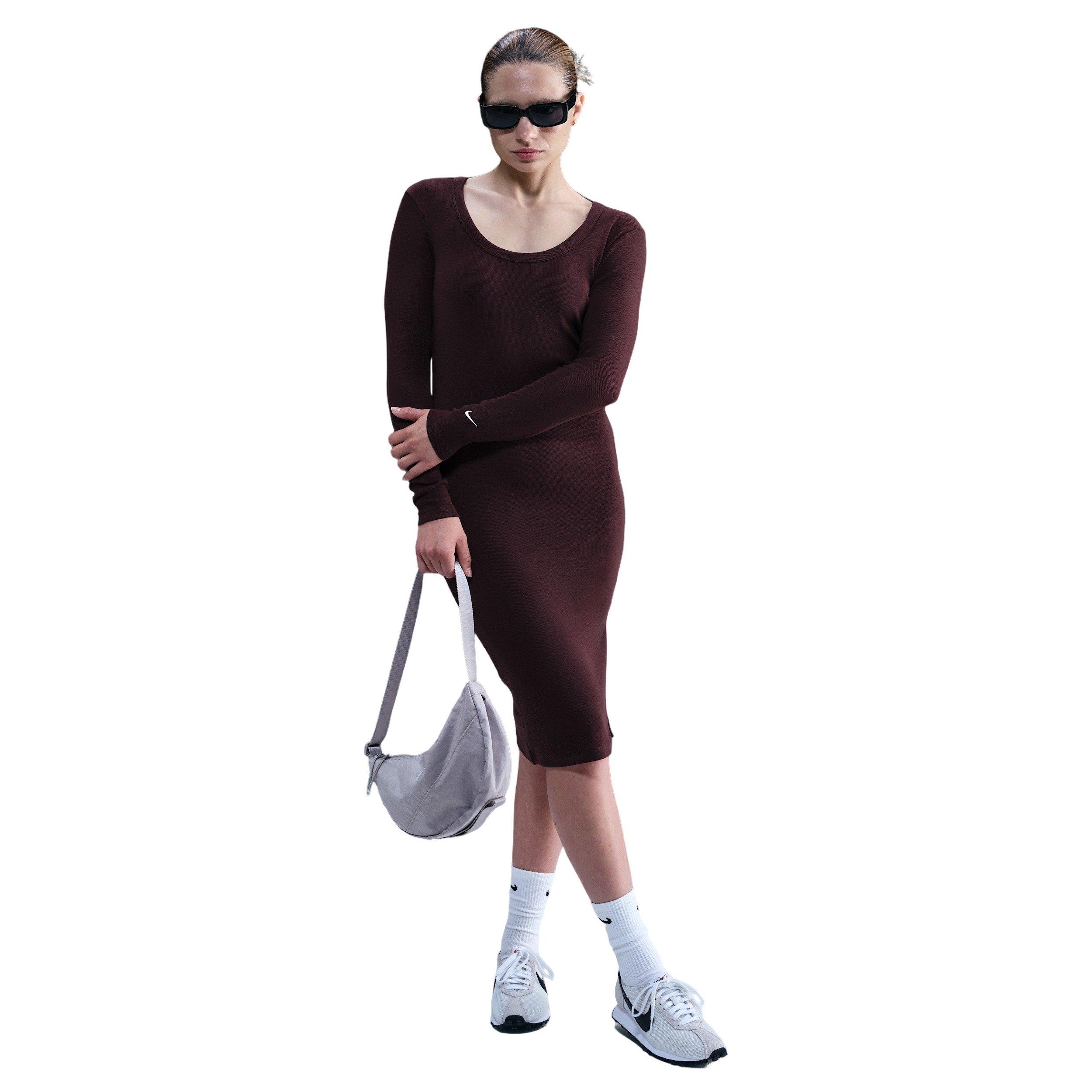 Nike Women's Sportswear Chill Knit Tight Long-Sleeve Midi Mini-Rib Dress -Burgundy - BURGUNDY Thumbnail View 1