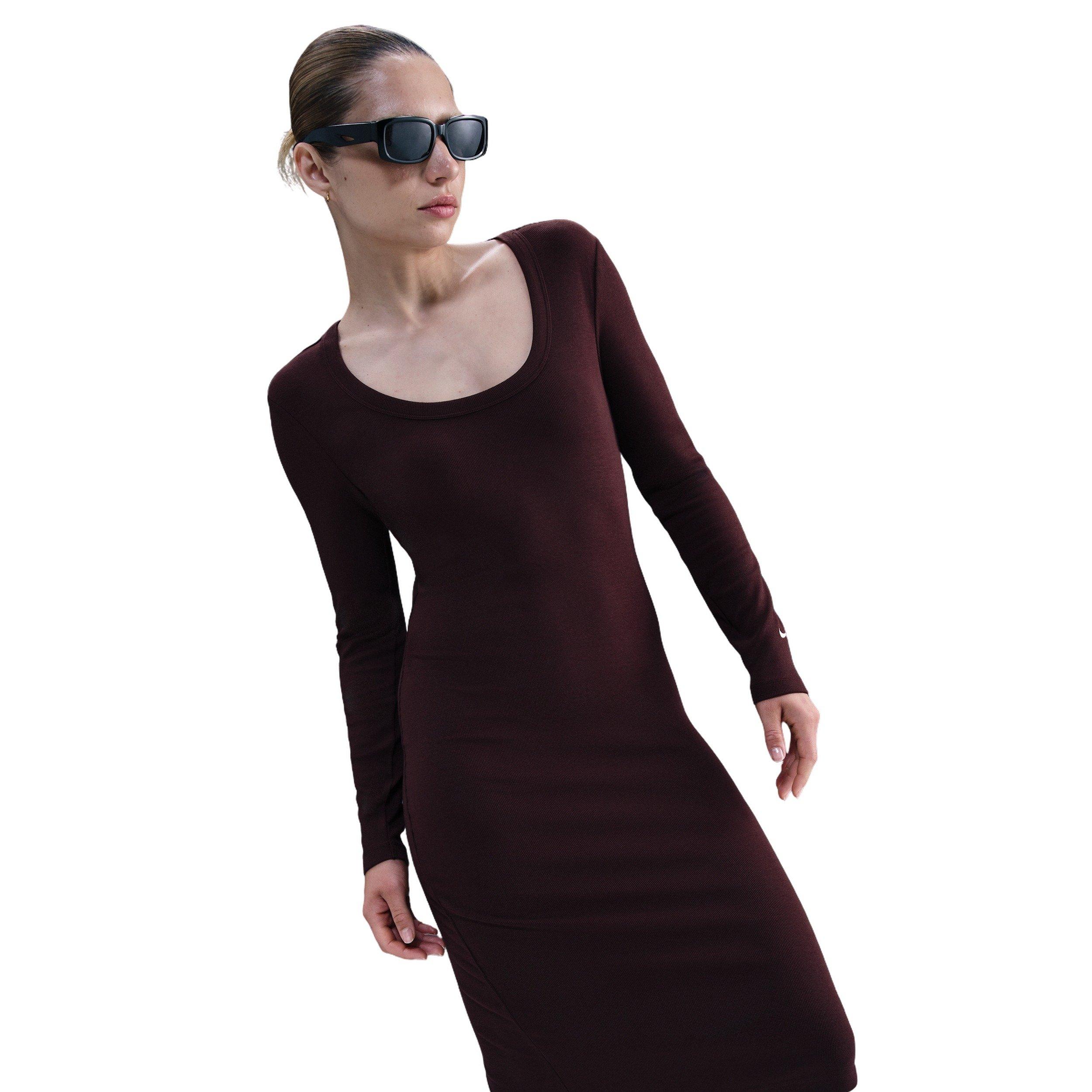 Nike Women's Sportswear Chill Knit Tight Long-Sleeve Midi Mini-Rib Dress -Burgundy - BURGUNDY Thumbnail View 3