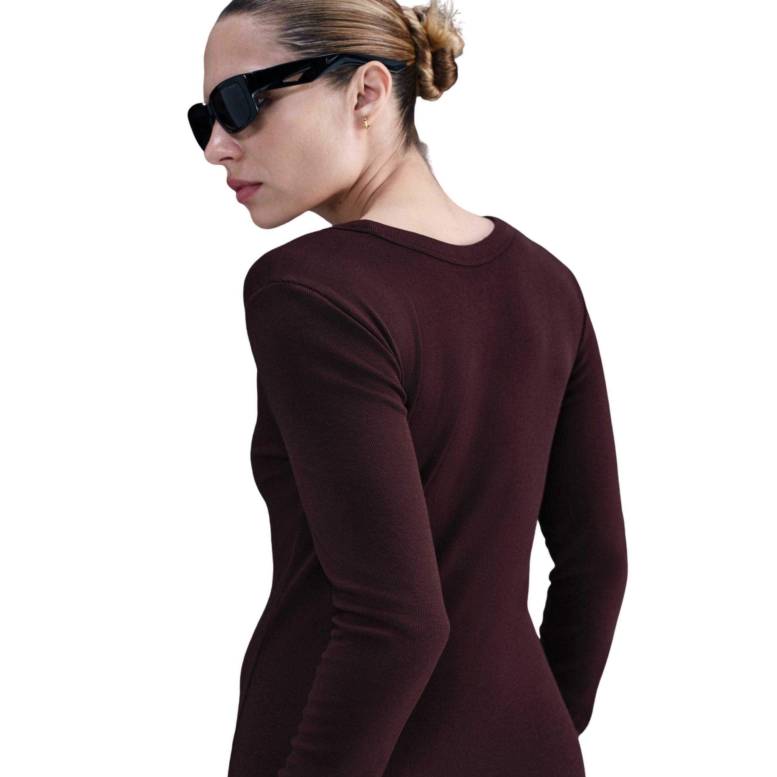 Nike Women's Sportswear Chill Knit Tight Long-Sleeve Midi Mini-Rib Dress -Burgundy - BURGUNDY Thumbnail View 4
