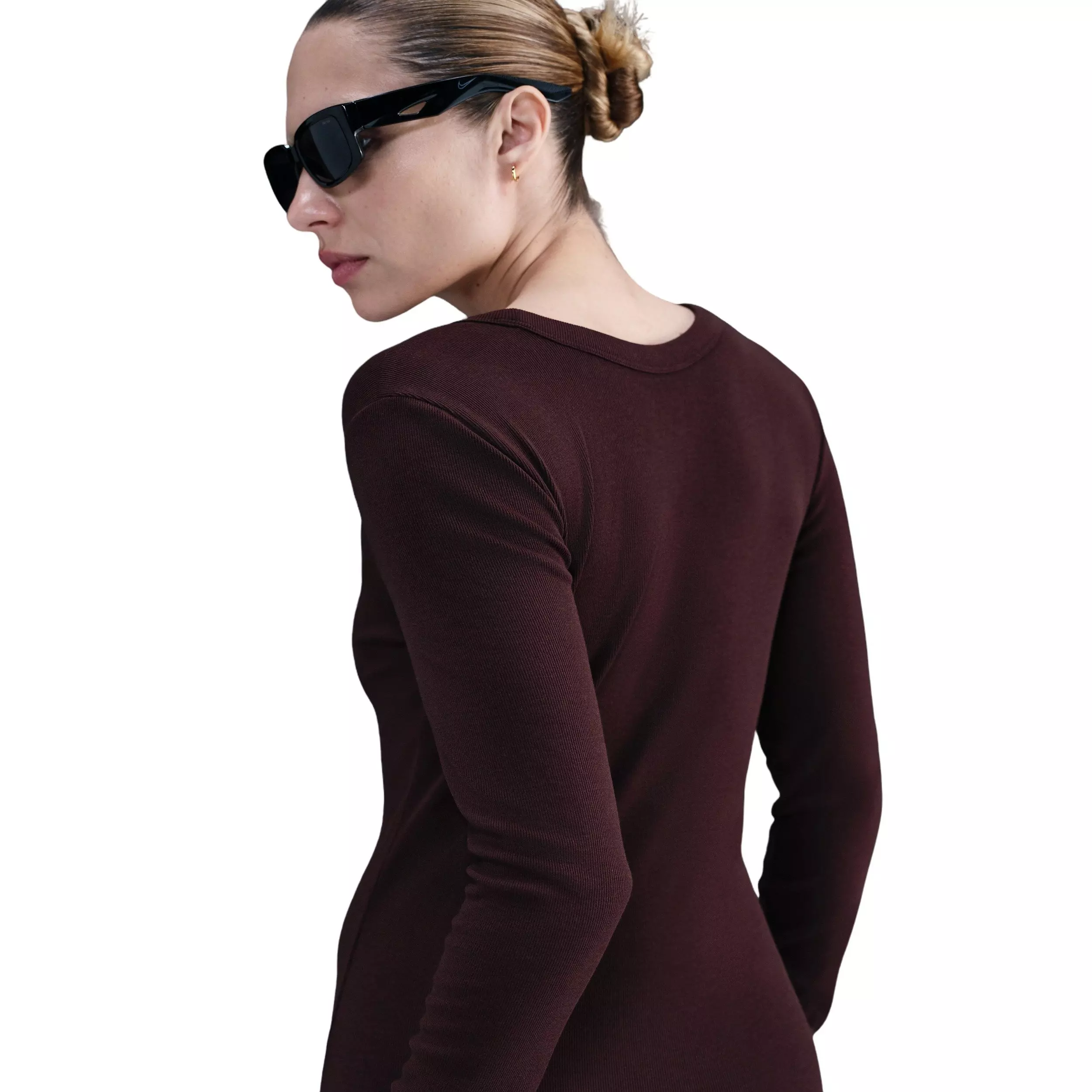 Nike Women's Sportswear Chill Knit Tight Long-Sleeve Midi Mini-Rib Dress -Burgundy - BURGUNDY