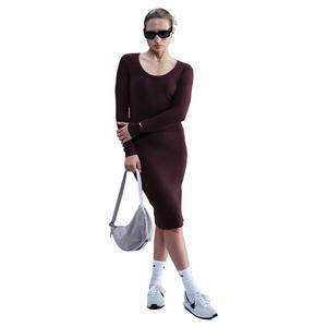 Nike Women's Sportswear Chill Knit Tight Long-Sleeve Midi Mini-Rib Dress -Burgundy