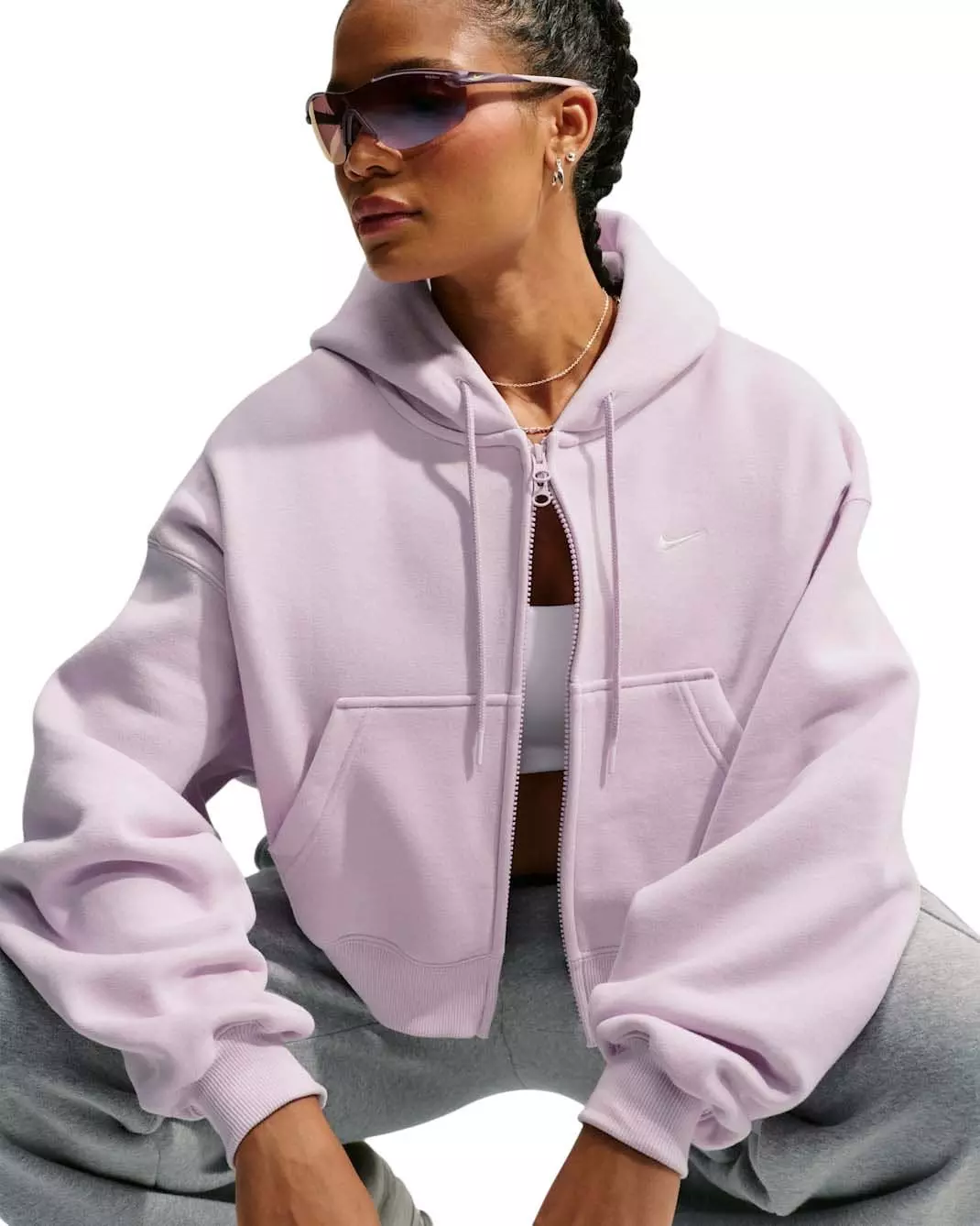 Nike Women's Studio Fleece Medium Weight Oversized Full-Zip Cropped Hooded Jacket - Lilac - LILAC