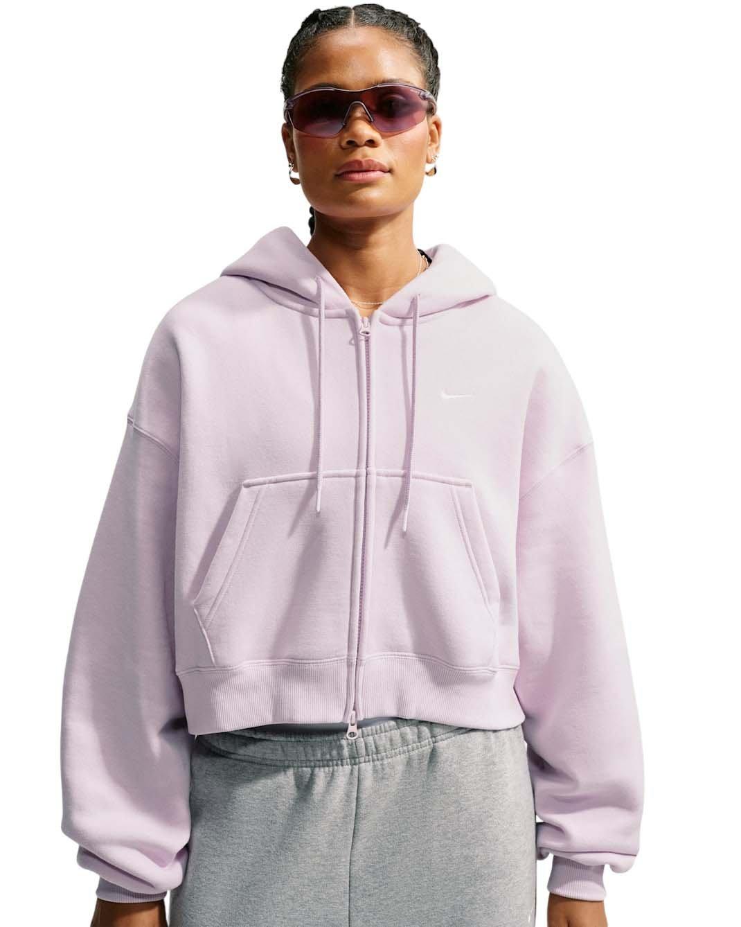 Nike Women's Studio Fleece Medium Weight Oversized Full-Zip Cropped Hooded Jacket - Lilac - LILAC