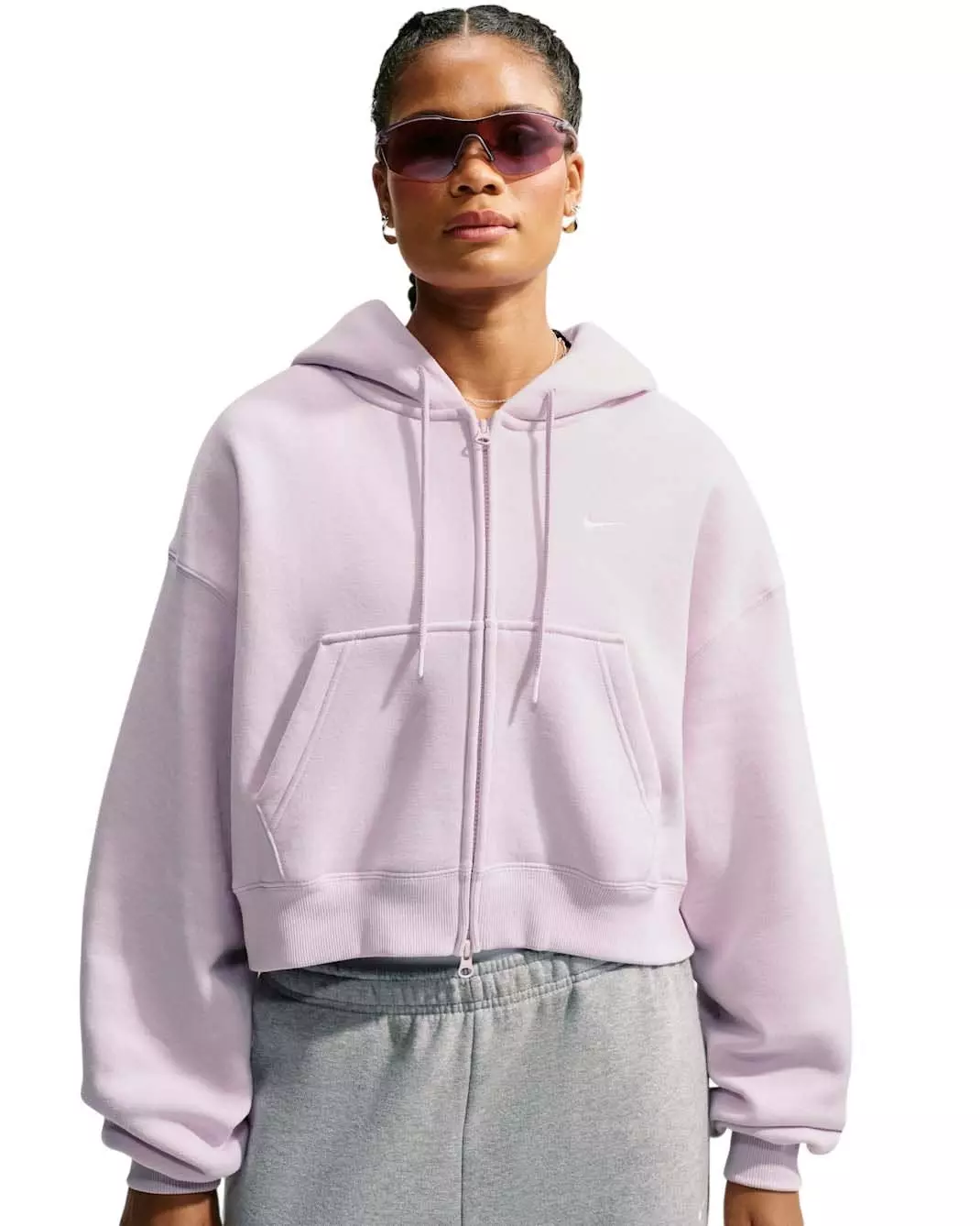 Nike Women's Studio Fleece Medium Weight Oversized Full-Zip Cropped Hooded Jacket - Lilac - LILAC