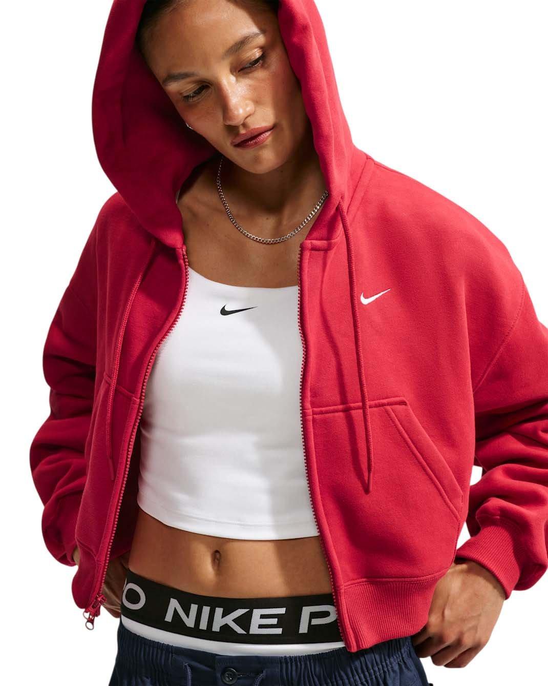 Nike Women's Studio Fleece Medium Weight Oversized Full-Zip Cropped Hooded Jacket - Red - RED Thumbnail View 3