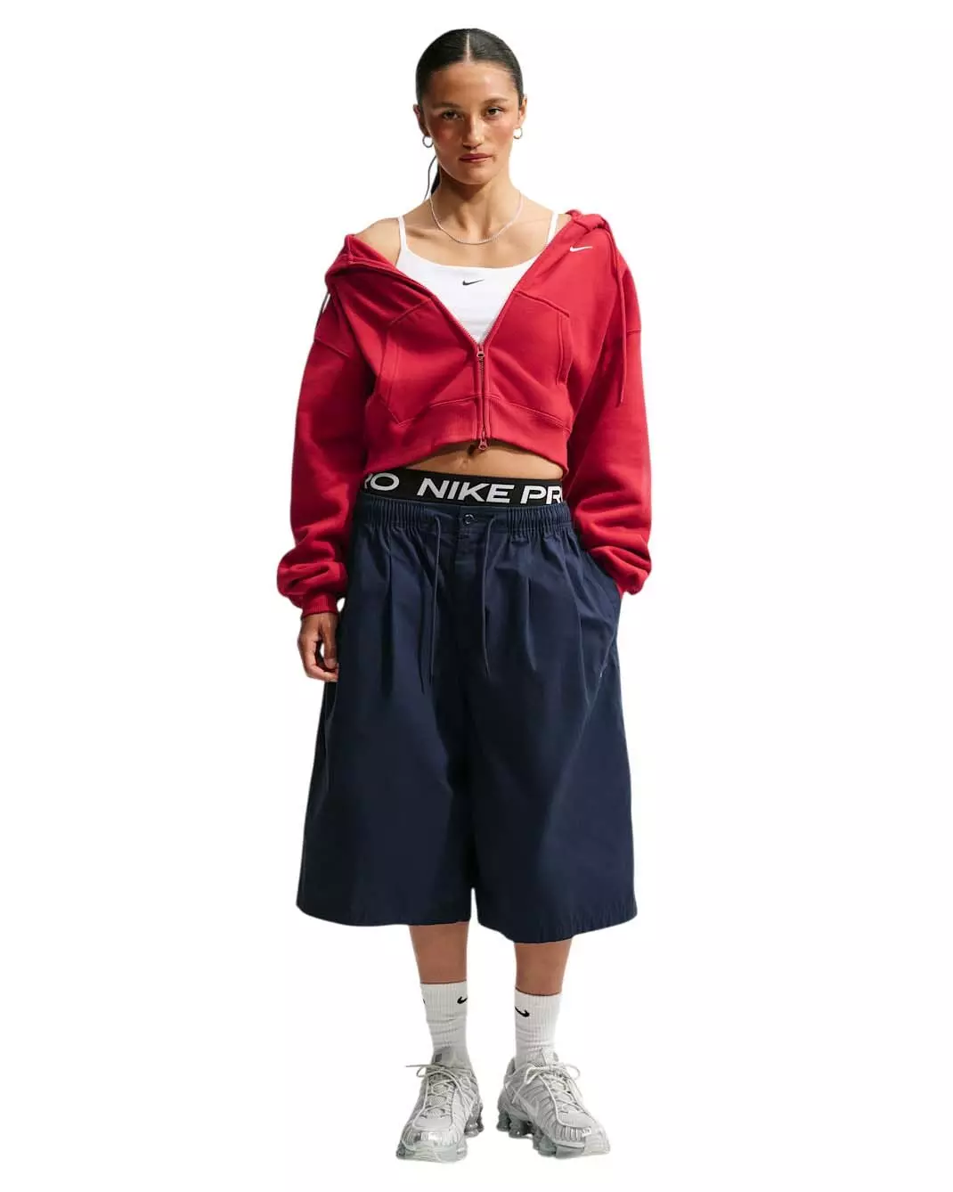 Nike Women's Studio Fleece Medium Weight Oversized Full-Zip Cropped Hooded Jacket - Red - RED