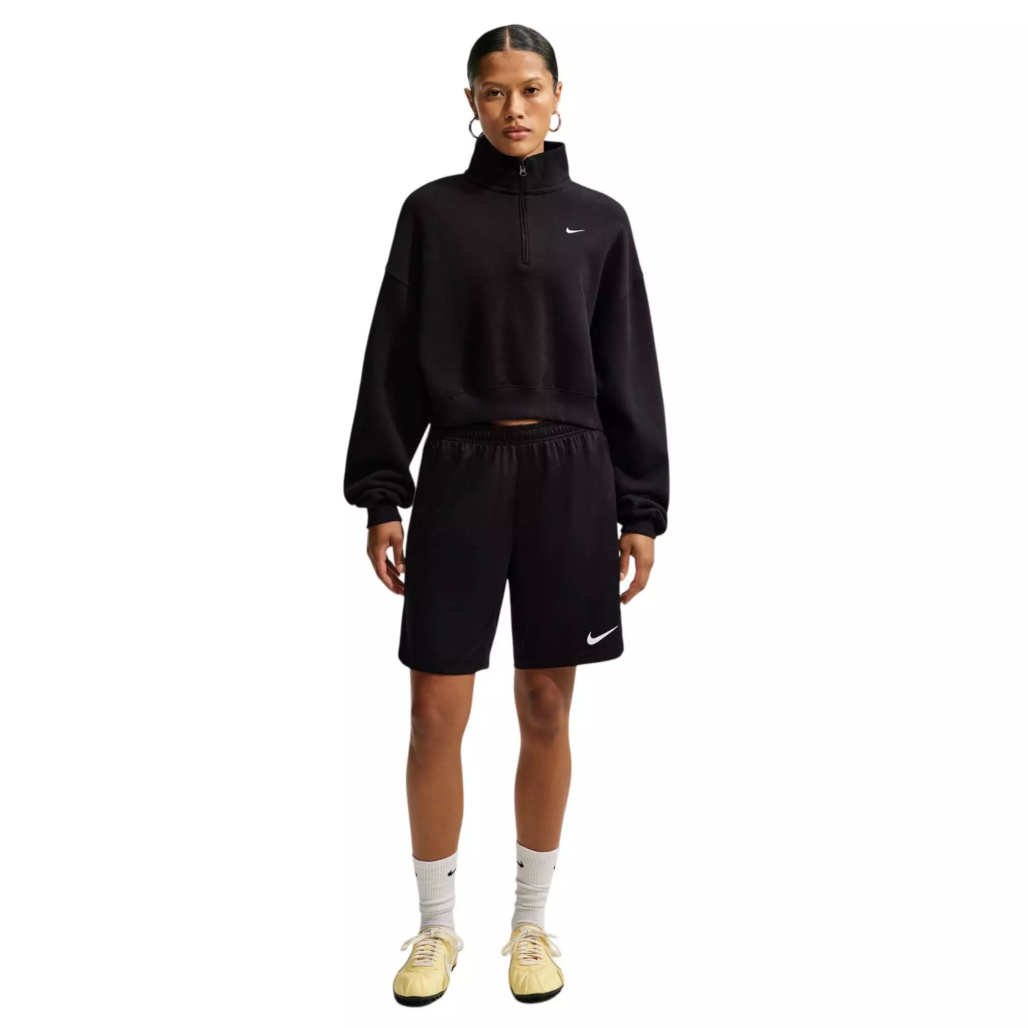 Nike Women's Studio Fleece Medium Weight Oversized 1/4 Zip Cropped Sweatshirt - Black/Off-White - BLACK/OFF-WHITE