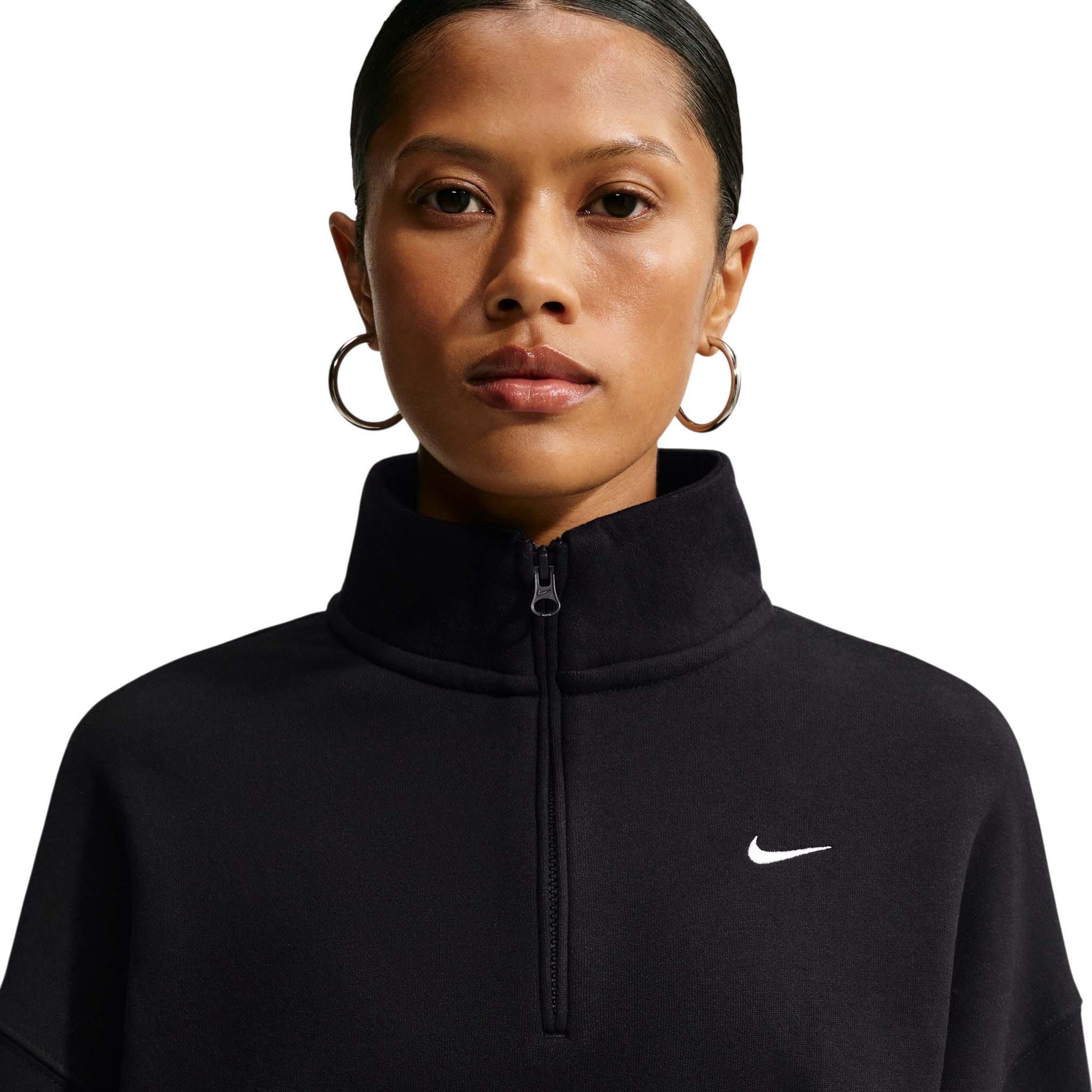Nike Women's Studio Fleece Medium Weight Oversized 1/4 Zip Cropped Sweatshirt - Black/Off-White - BLACK/OFF-WHITE