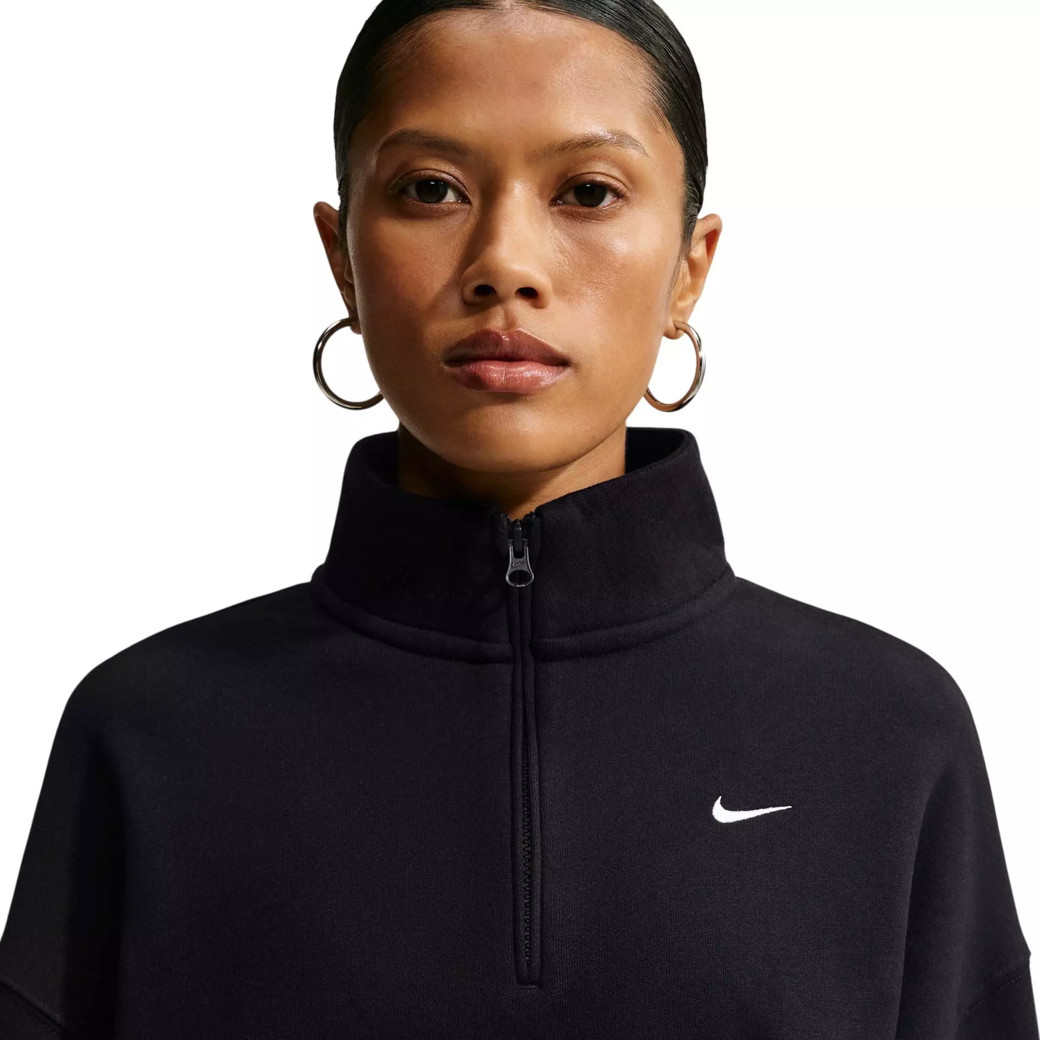 Nike Women's Studio Fleece Medium Weight Oversized 1/4 Zip Cropped Sweatshirt - Black/Off-White - BLACK/OFF-WHITE