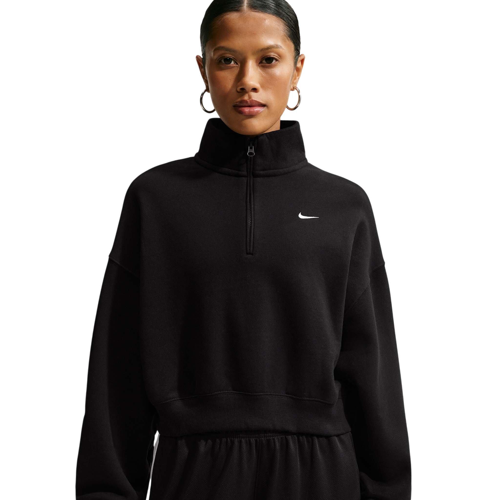 Nike Women's Studio Fleece Medium Weight Oversized 1/4 Zip Cropped Sweatshirt - Black/Off-White - BLACK/OFF-WHITE