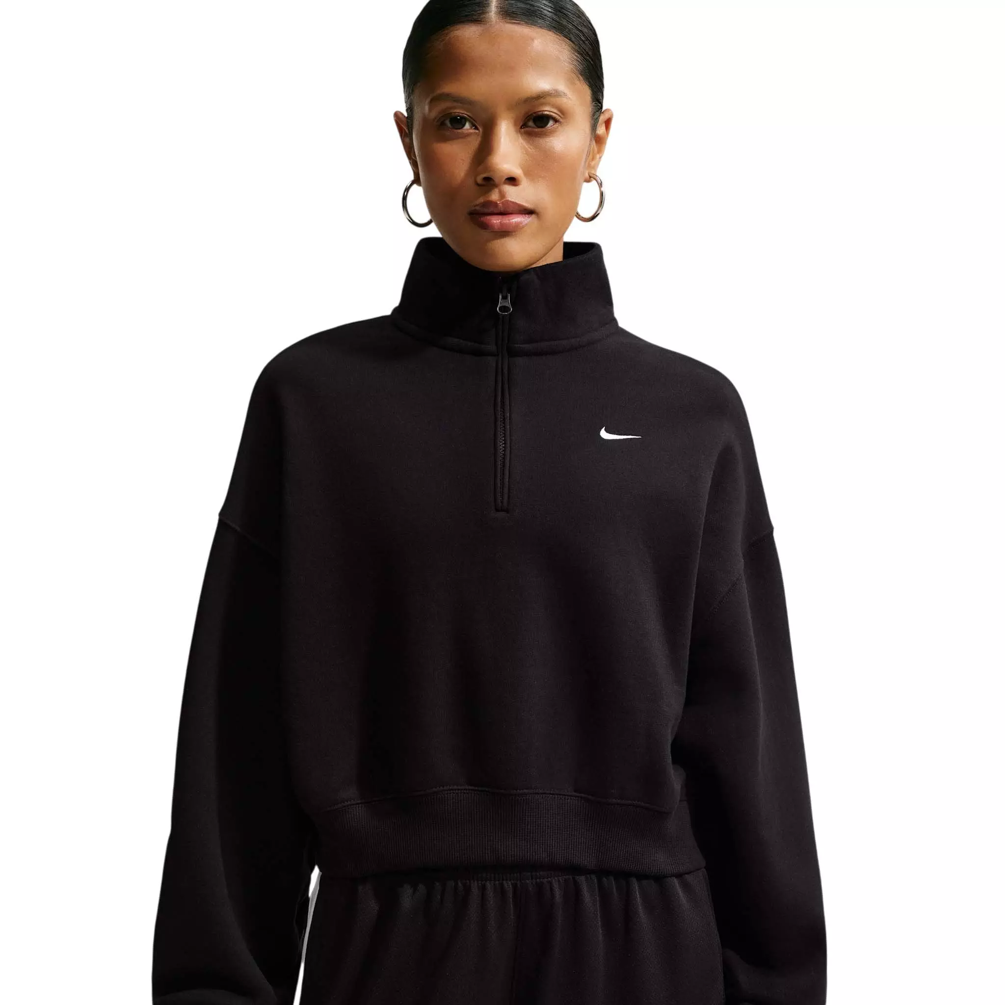 Nike Women's Studio Fleece Medium Weight Oversized 1/4 Zip Cropped Sweatshirt - Black/Off-White - BLACK/OFF-WHITE