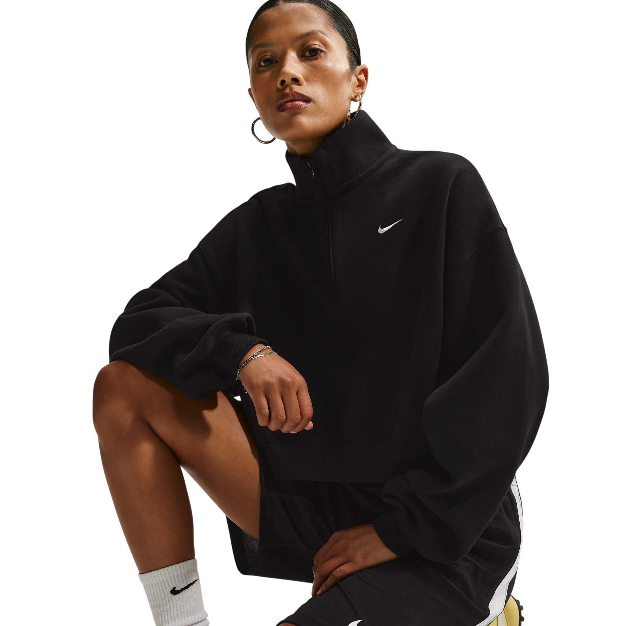 Nike Women's Studio Fleece Medium Weight Oversized 1/4 Zip Cropped Sweatshirt - Black/Off-White - BLACK/OFF-WHITE