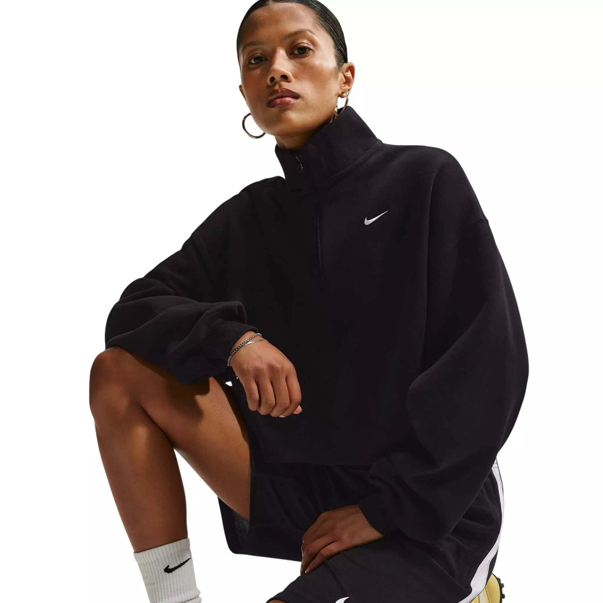 Nike Women's Studio Fleece Medium Weight Oversized 1/4 Zip Cropped Sweatshirt - Black/Off-White - BLACK/OFF-WHITE