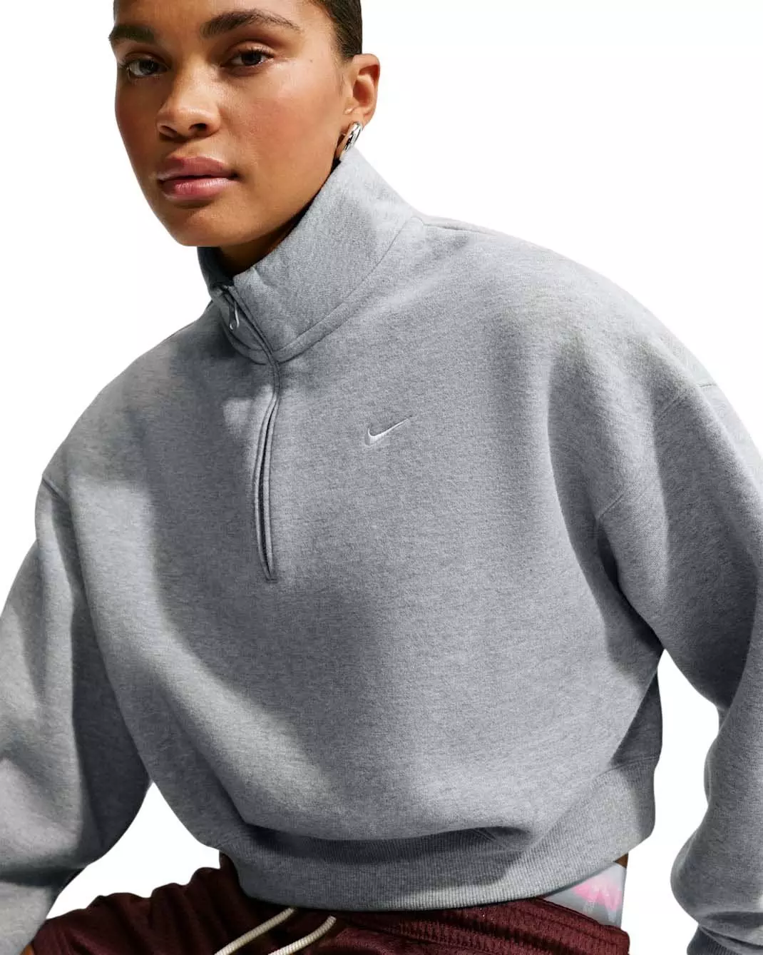 Nike Women's Studio Fleece Medium Weight Oversized 1/4 Zip Cropped Sweatshirt - Grey Heather - GREY HEATHER