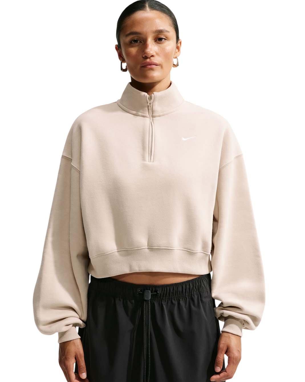 Nike Women's Studio Fleece Medium Weight Oversized 1/4 Zip Cropped Sweatshirt - Cream - CREAM