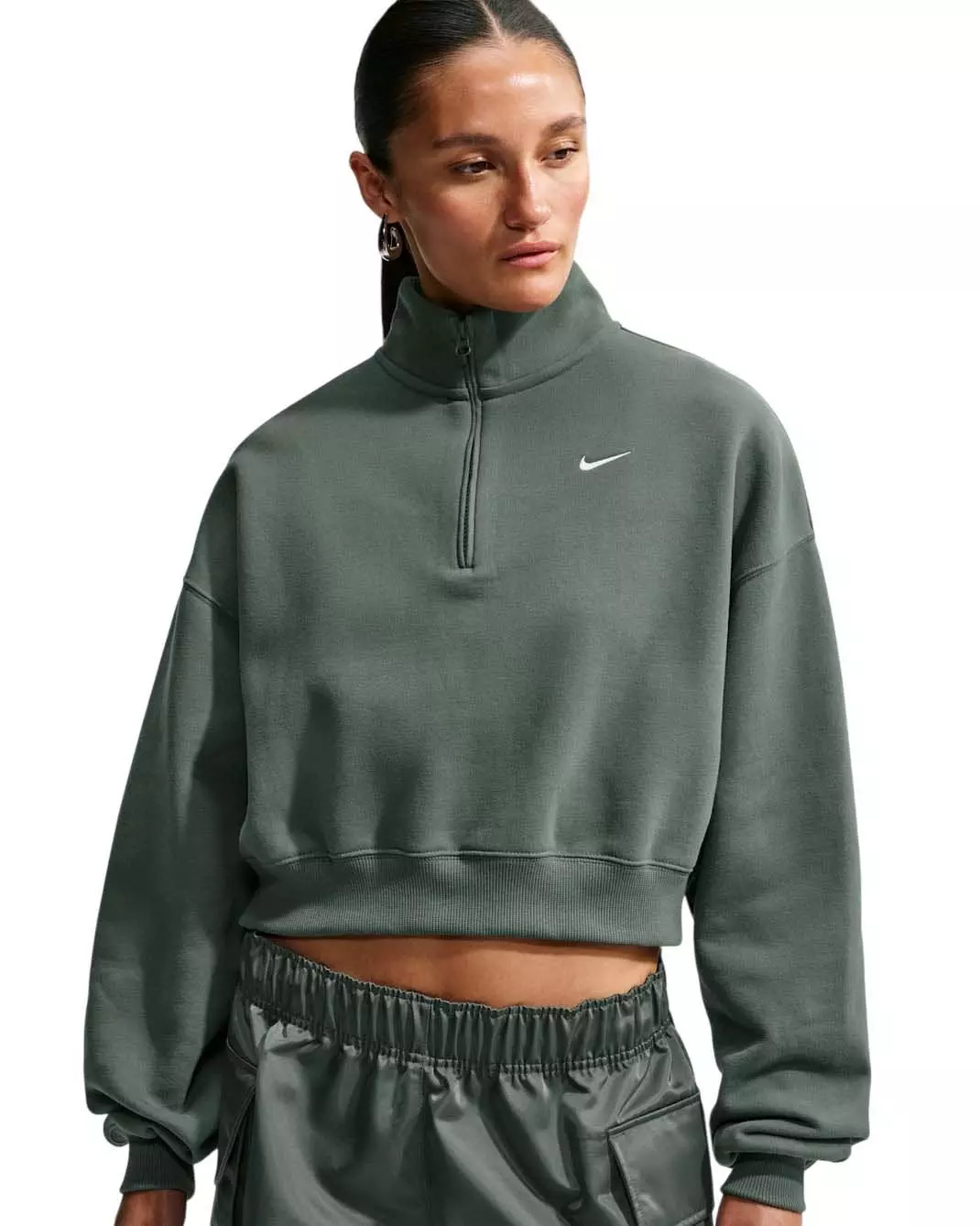 Nike Women's Studio Fleece Medium Weight Oversized 1/4 Zip Cropped Sweatshirt - Green - GREEN