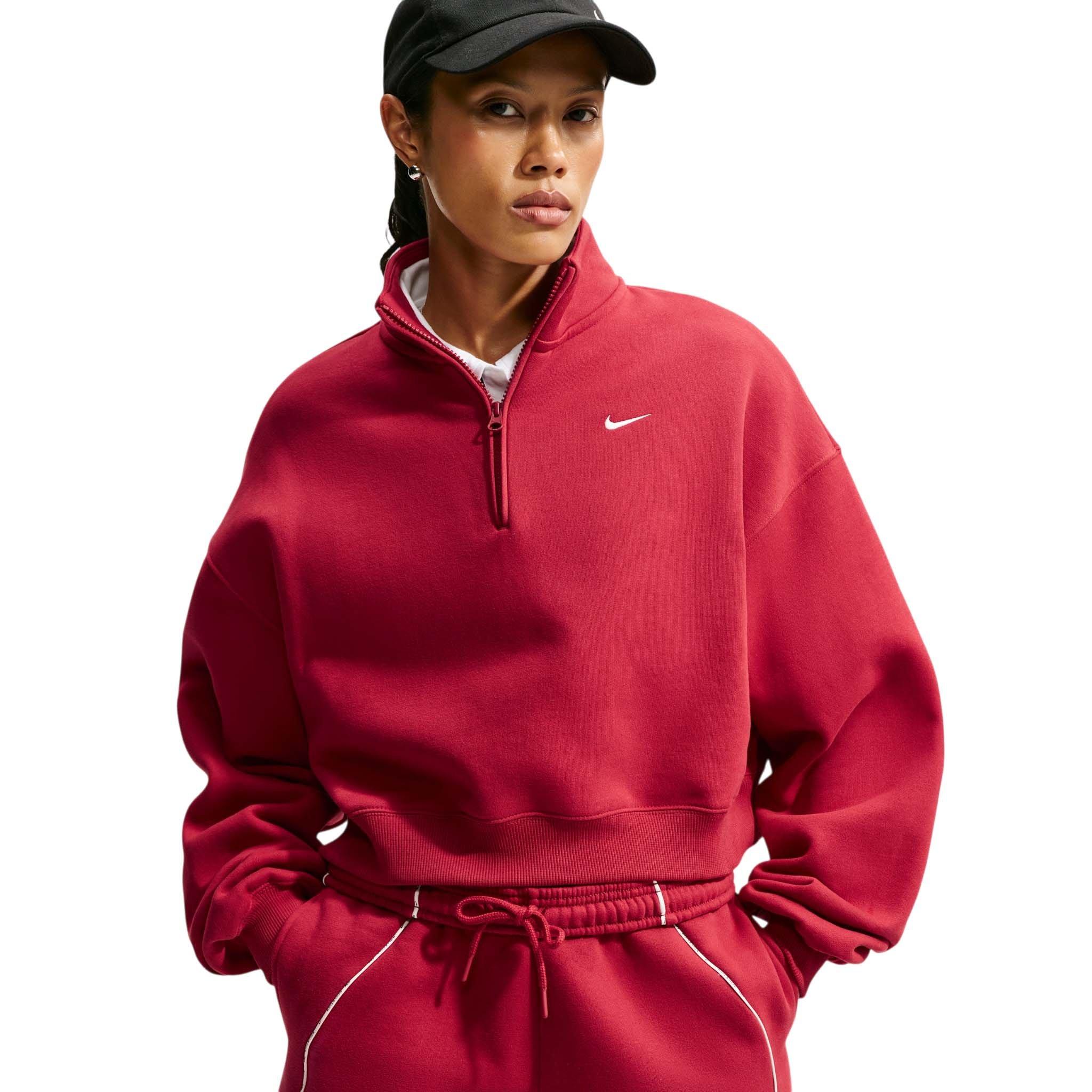 Nike Women's Studio Fleece Medium Weight Oversized 1/4 Zip Cropped Sweatshirt - Red - RED