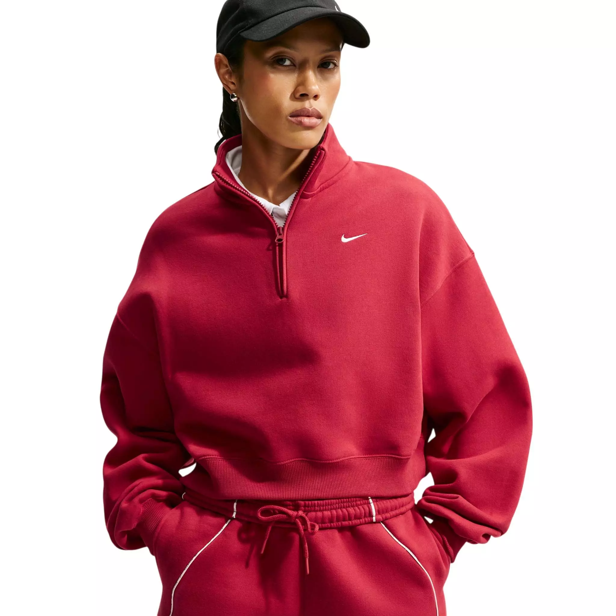 Nike Women's Studio Fleece Medium Weight Oversized 1/4 Zip Cropped Sweatshirt - Red - RED