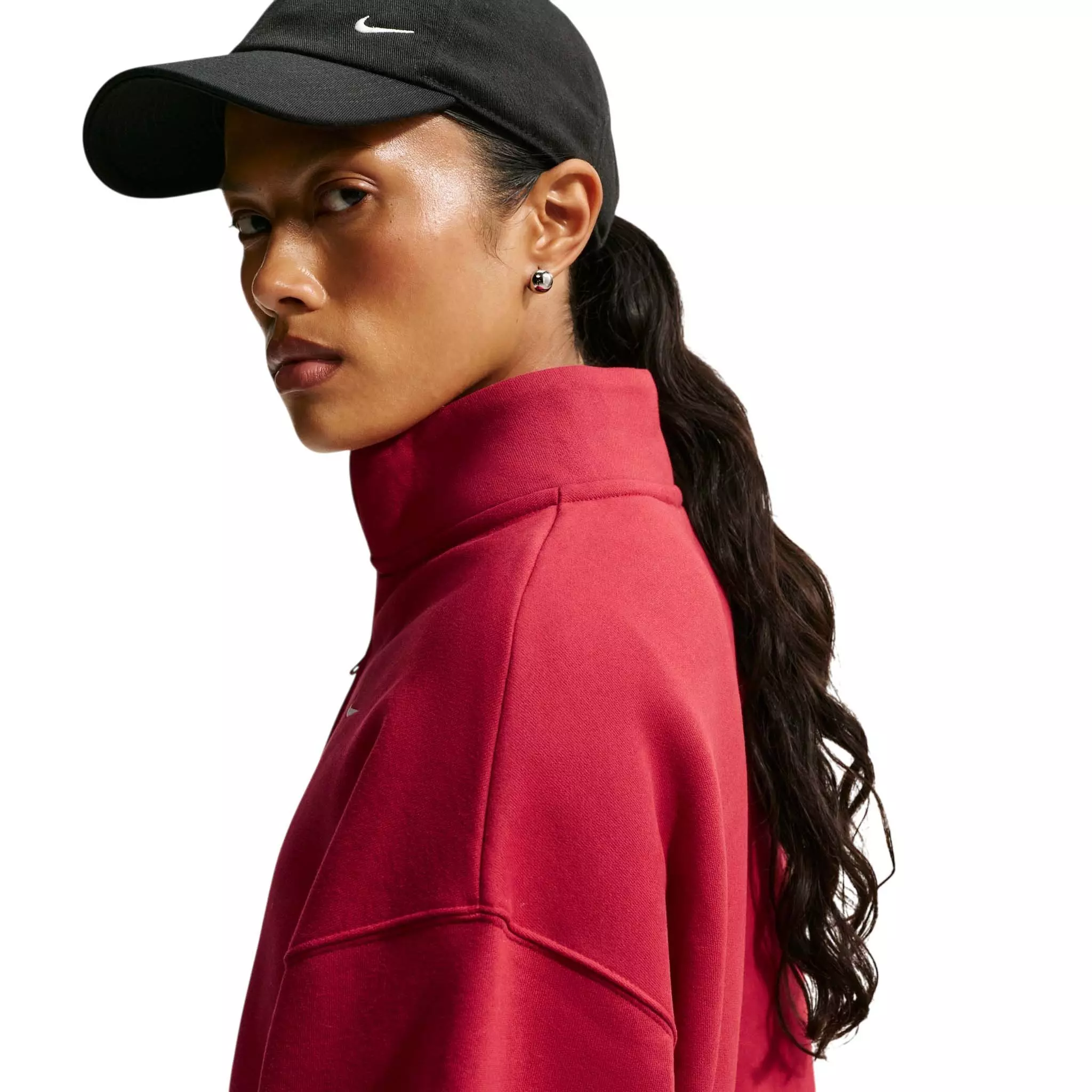Nike Women's Studio Fleece Medium Weight Oversized 1/4 Zip Cropped Sweatshirt - Red - RED