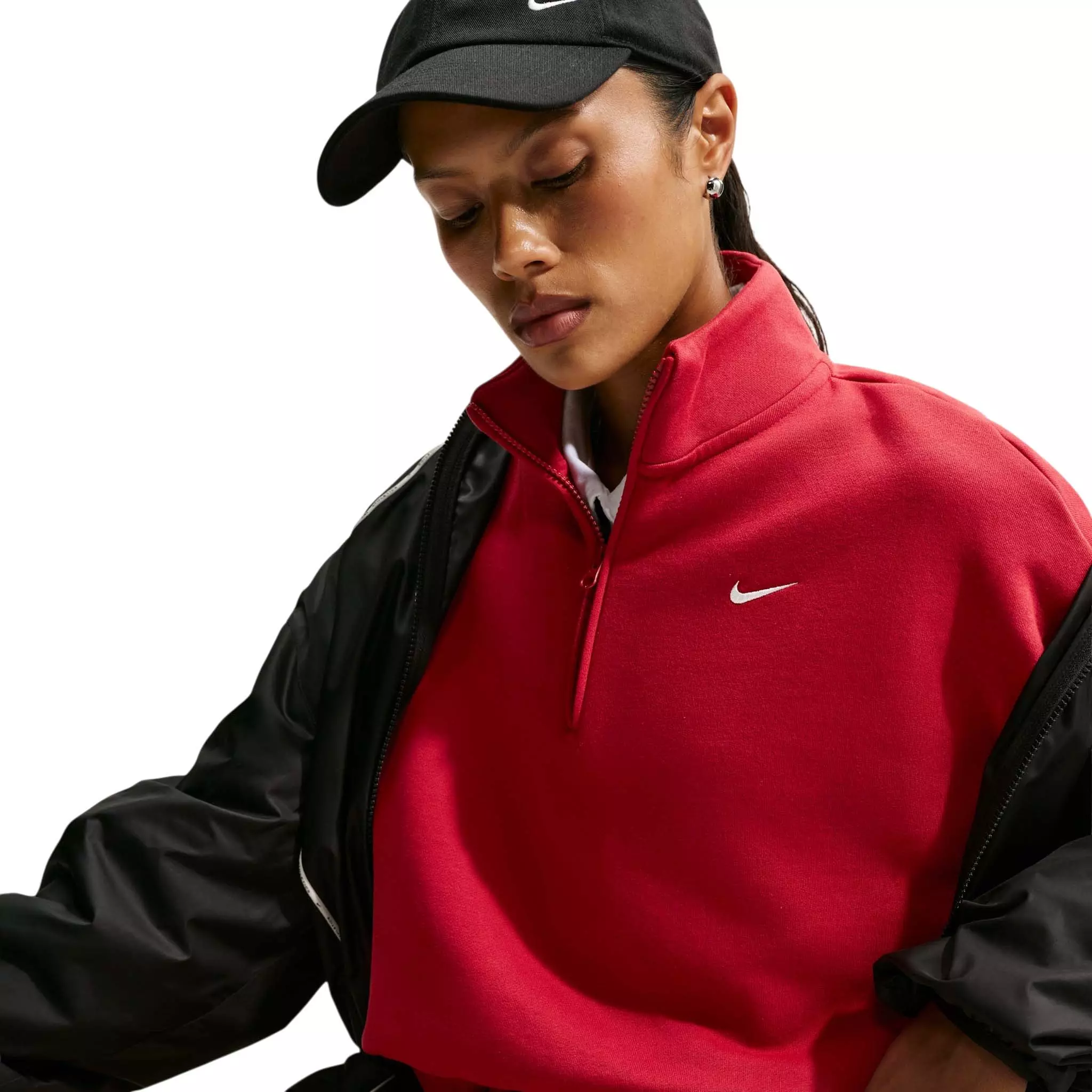 Nike Women's Studio Fleece Medium Weight Oversized 1/4 Zip Cropped Sweatshirt - Red - RED