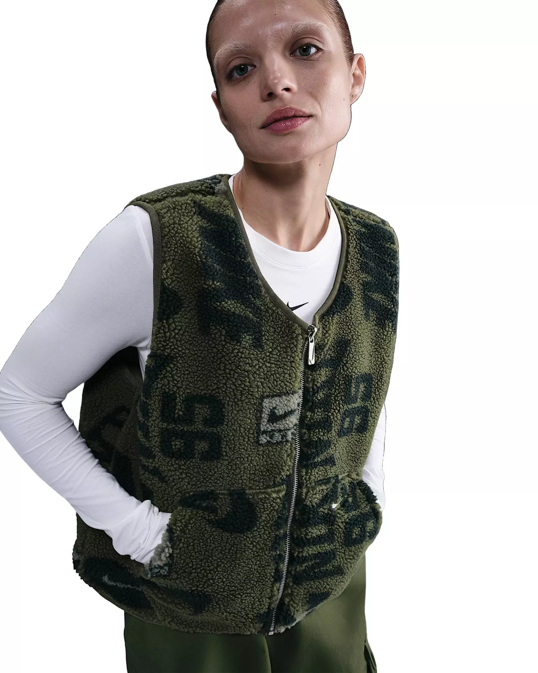Nike Women's Sportswear High-Pile Fleece Vest -Olive - OLIVE