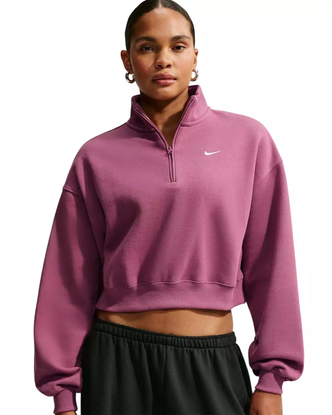Nike Women's Studio Fleece Medium Weight Oversized 1/4 Zip Cropped Sweatshirt - Pink - PINK