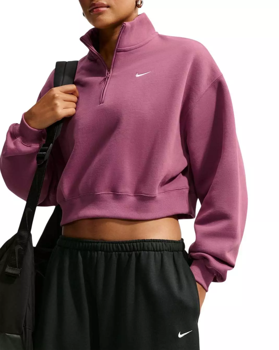 Nike Women's Studio Fleece Medium Weight Oversized 1/4 Zip Cropped Sweatshirt - Pink - PINK