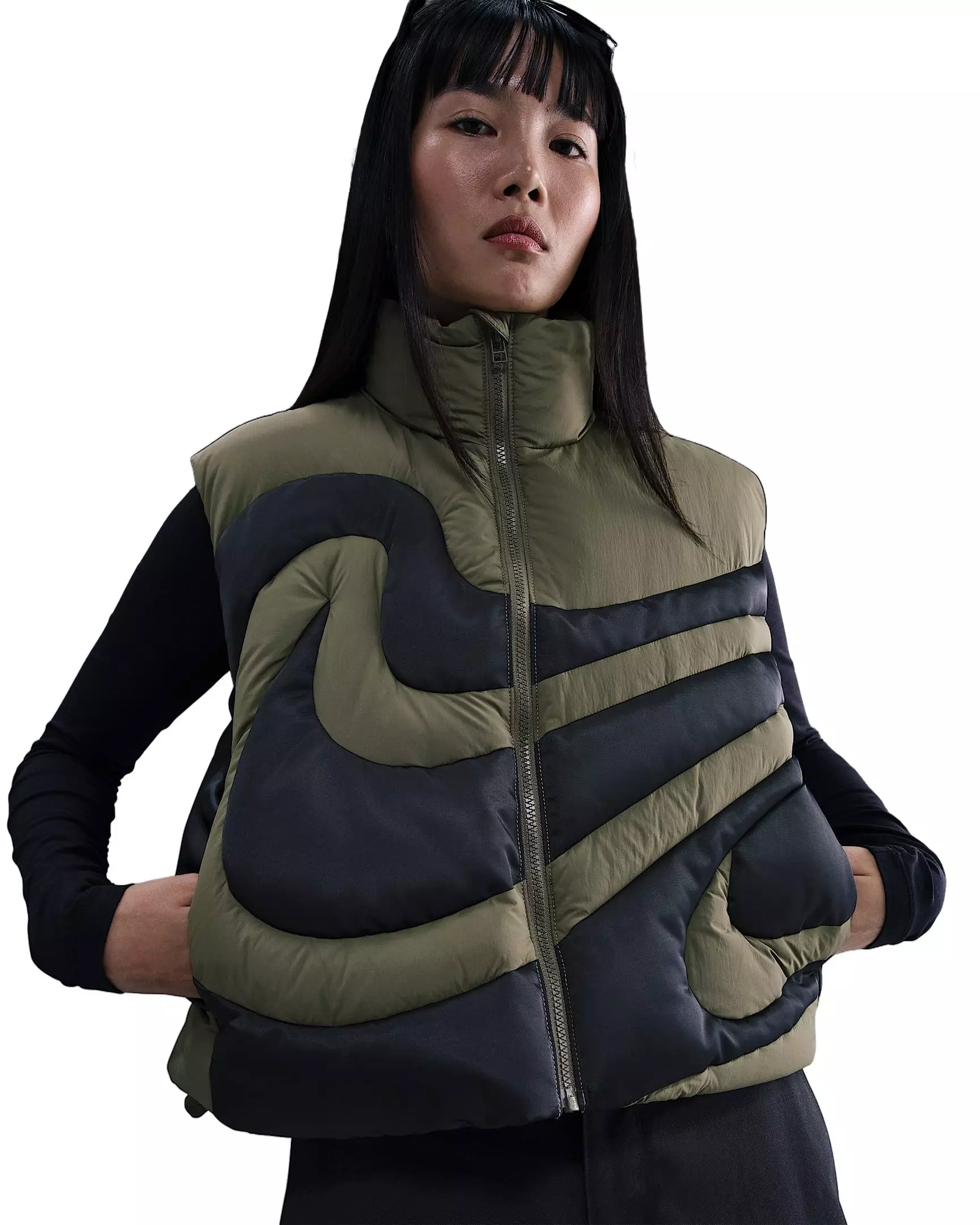 Nike Women's Sportswear Swoosh Series Oversized Down Vest - Olive/Black - OLIVE/BLACK