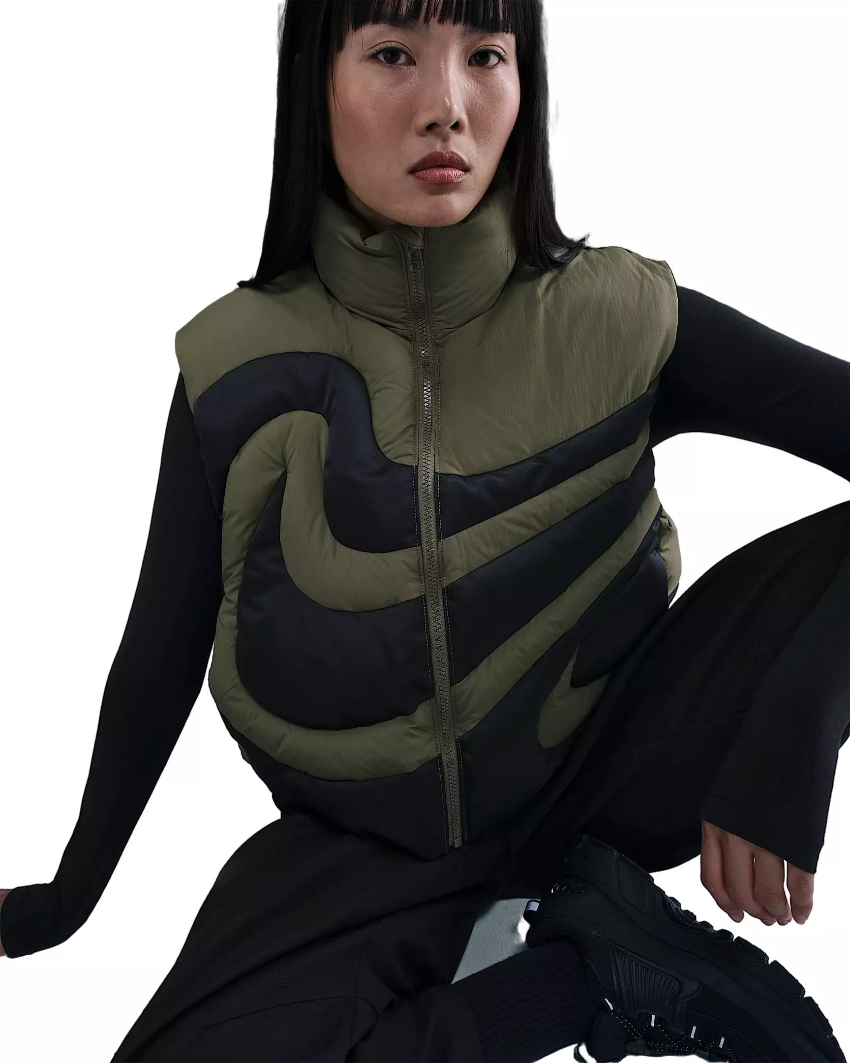 Nike Women's Sportswear Swoosh Series Oversized Down Vest - Olive/Black - OLIVE/BLACK