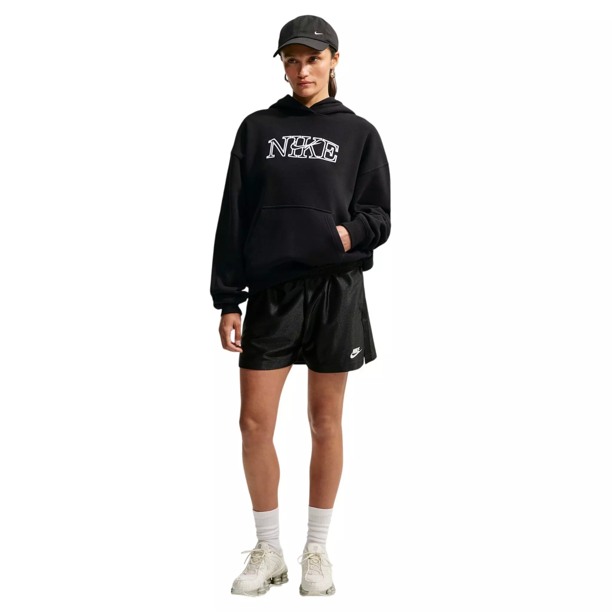 Nike Women's Studio Fleece Medium Weight Oversized Pullover Logo Hoodie - Black/White - BLACK/WHITE