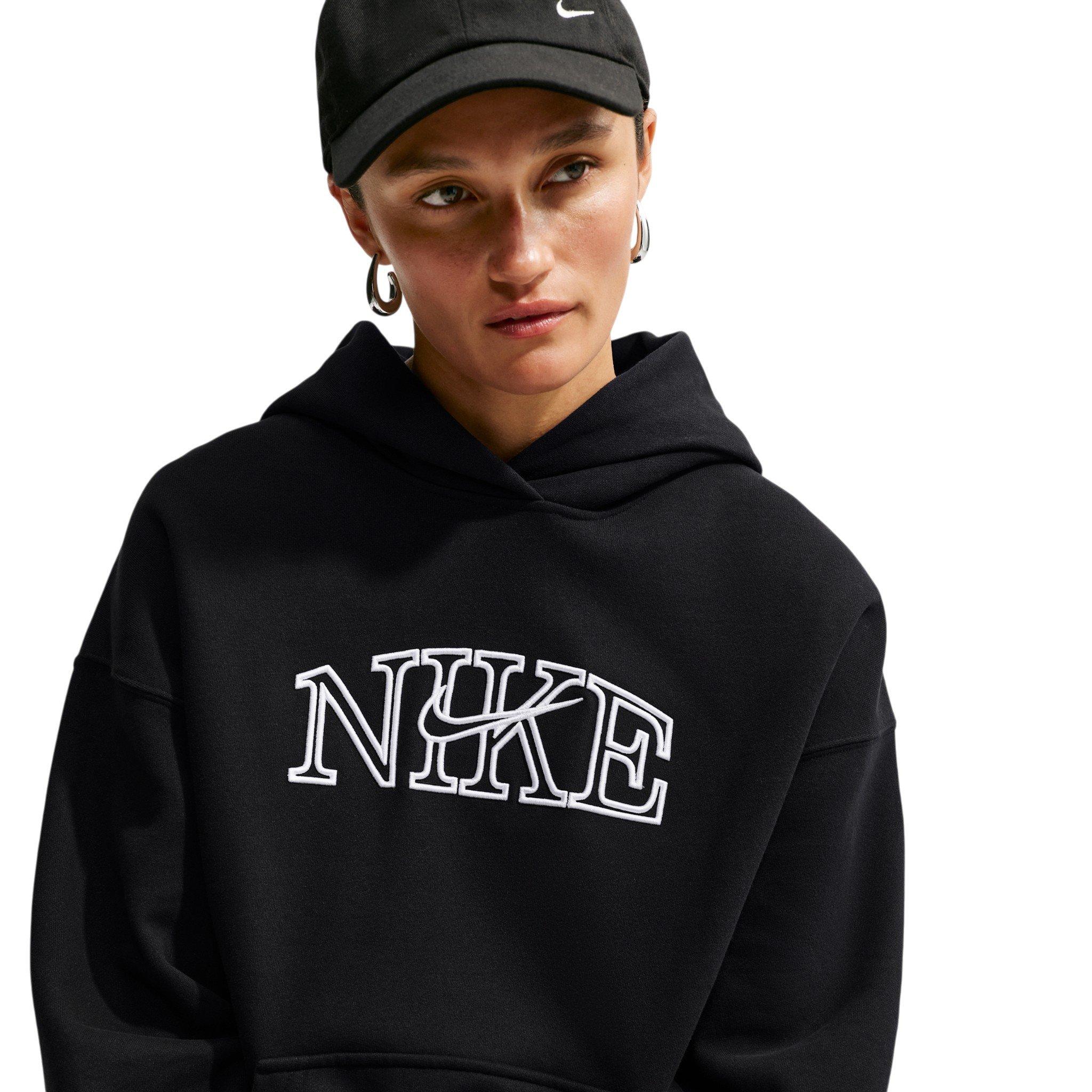 Nike Women's Studio Fleece Medium Weight Oversized Pullover Logo Hoodie - Black/White - BLACK/WHITE
