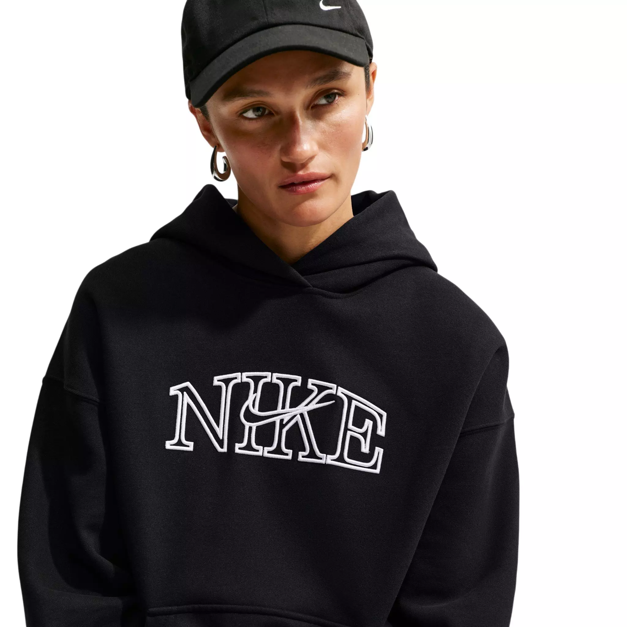Nike Women's Studio Fleece Medium Weight Oversized Pullover Logo Hoodie - Black/White - BLACK/WHITE