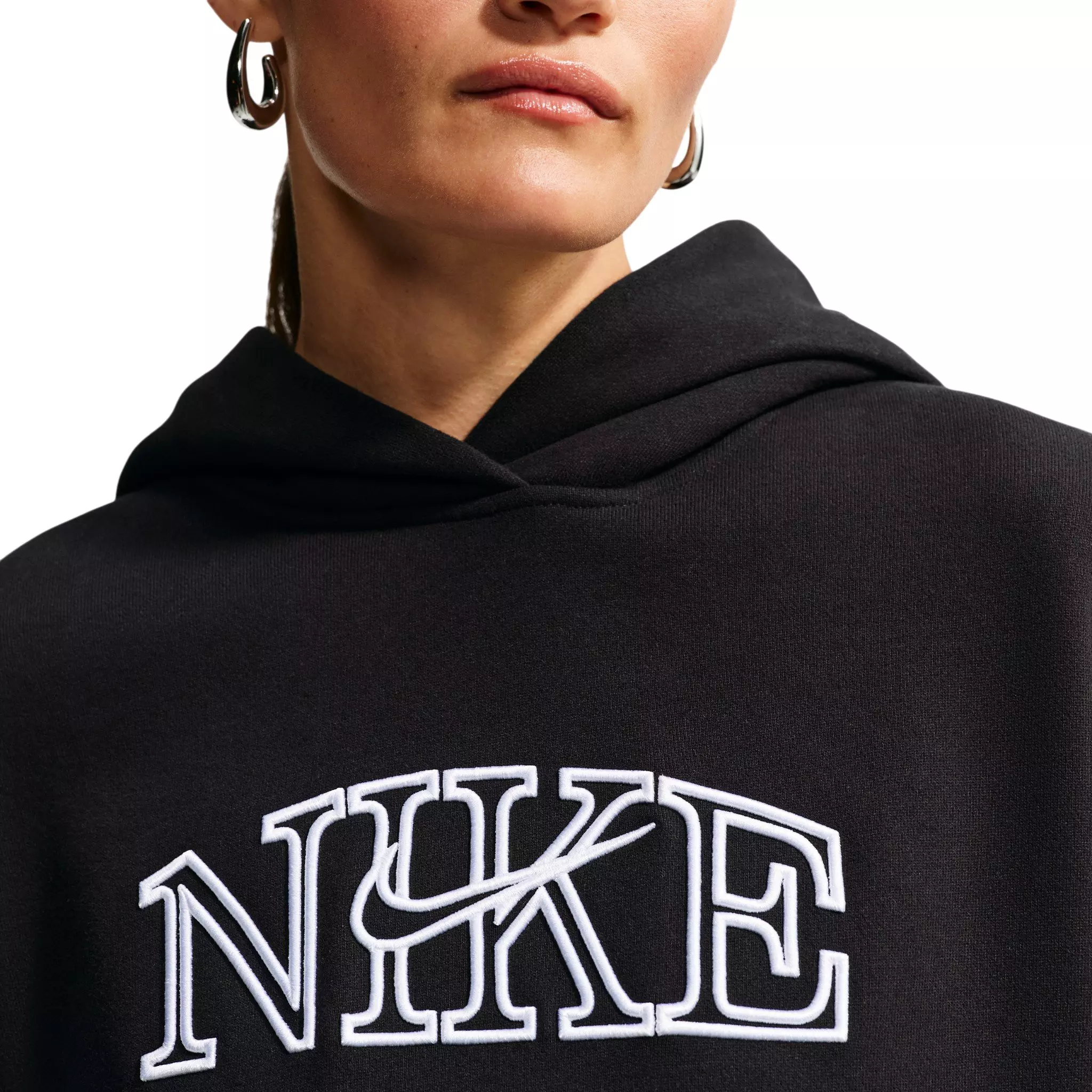 Nike Women's Studio Fleece Medium Weight Oversized Pullover Logo Hoodie - Black/White - BLACK/WHITE