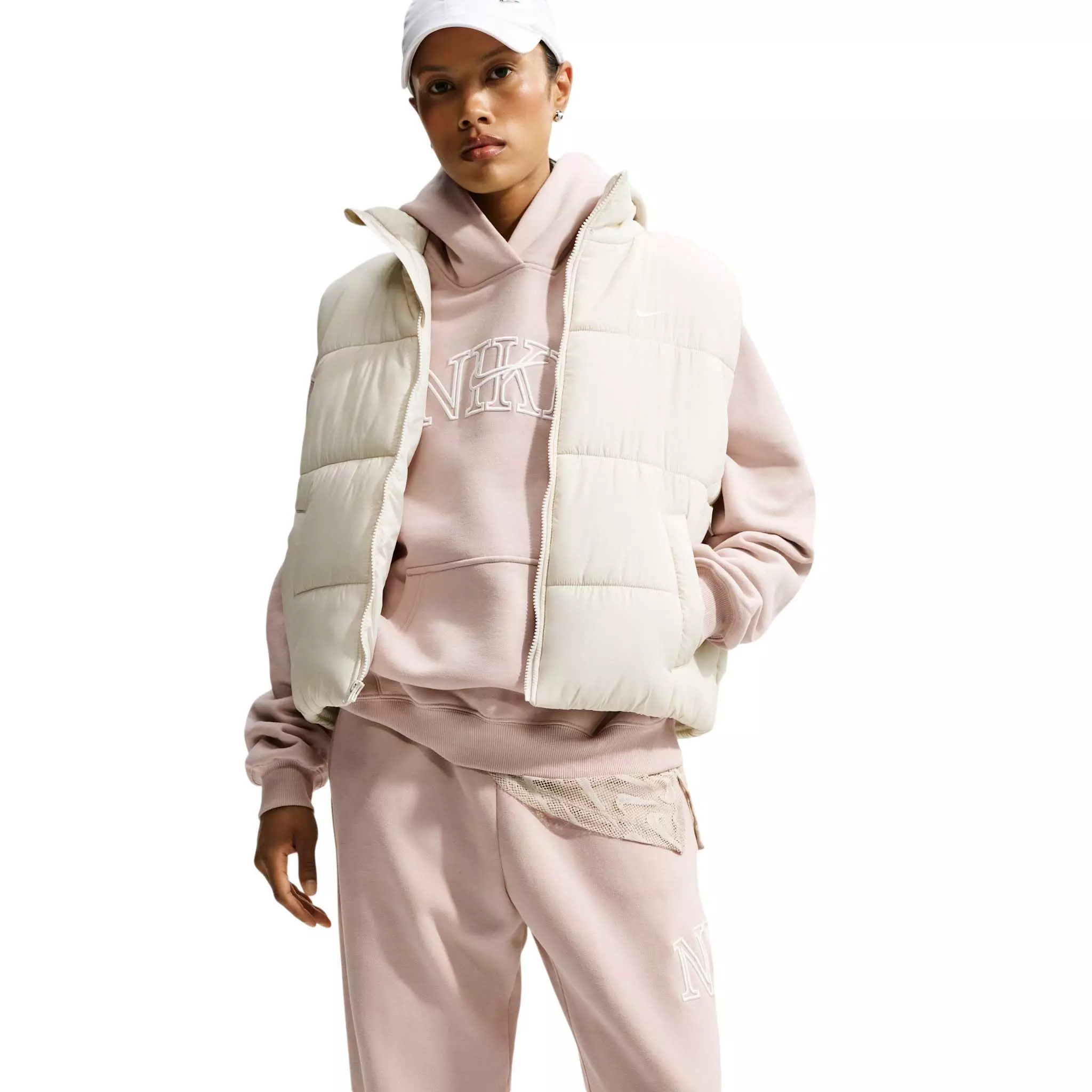 Nike Women's Studio Fleece Medium Weight Oversized Pullover Logo Hoodie - Cream - CREAM